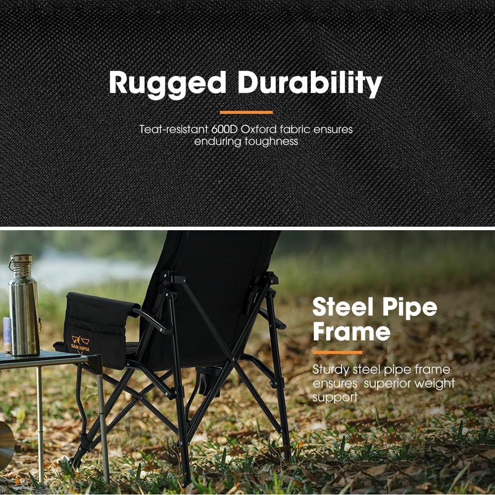 SAN HIMA Folding Camping Chair with Adjustable High Backrest, Portable Lightweight Foldable Camping Chair with Side Pocket, Cup Holder & Non-Slip Feet, up to 200KG, for BBQ Picnic Hiking Beach