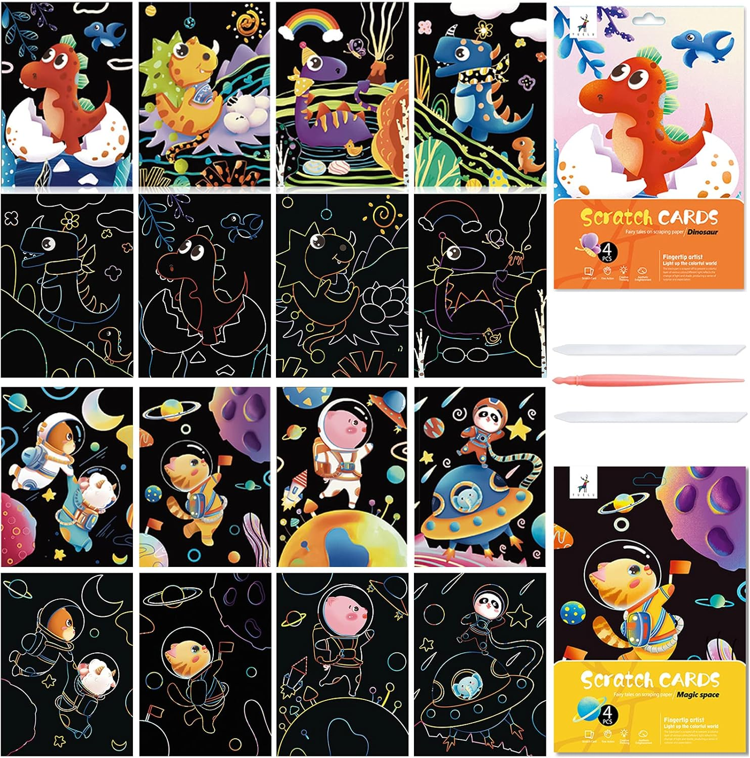 Scratch Art Rainbow Painting Scratch off Doodle Paper, Womens Hobbies Engraving Art Craft Set, Creative Gifts for Girls Boys Students Drawing Older Kids Scratch Art Pads 8 Sheets (Dinosaur & Space)