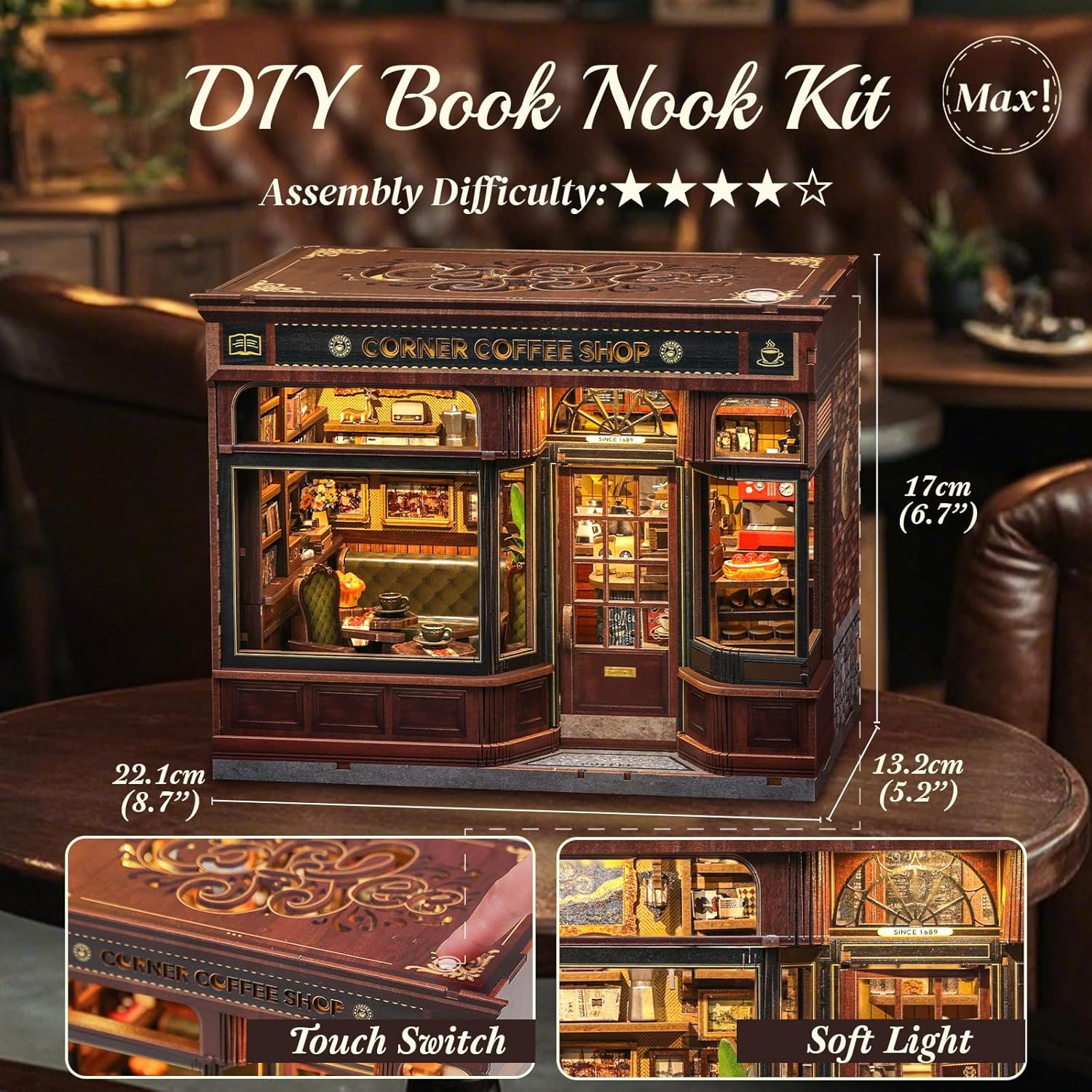CUTEBEE Book Nook Kit - DIY Miniature House Dollhouse Kit for Adults and Teens, Booknook Tiny House Bookshelf Decor with LED Light, Gifts for Family and Friends (Corner Coffee Shop) image number 2