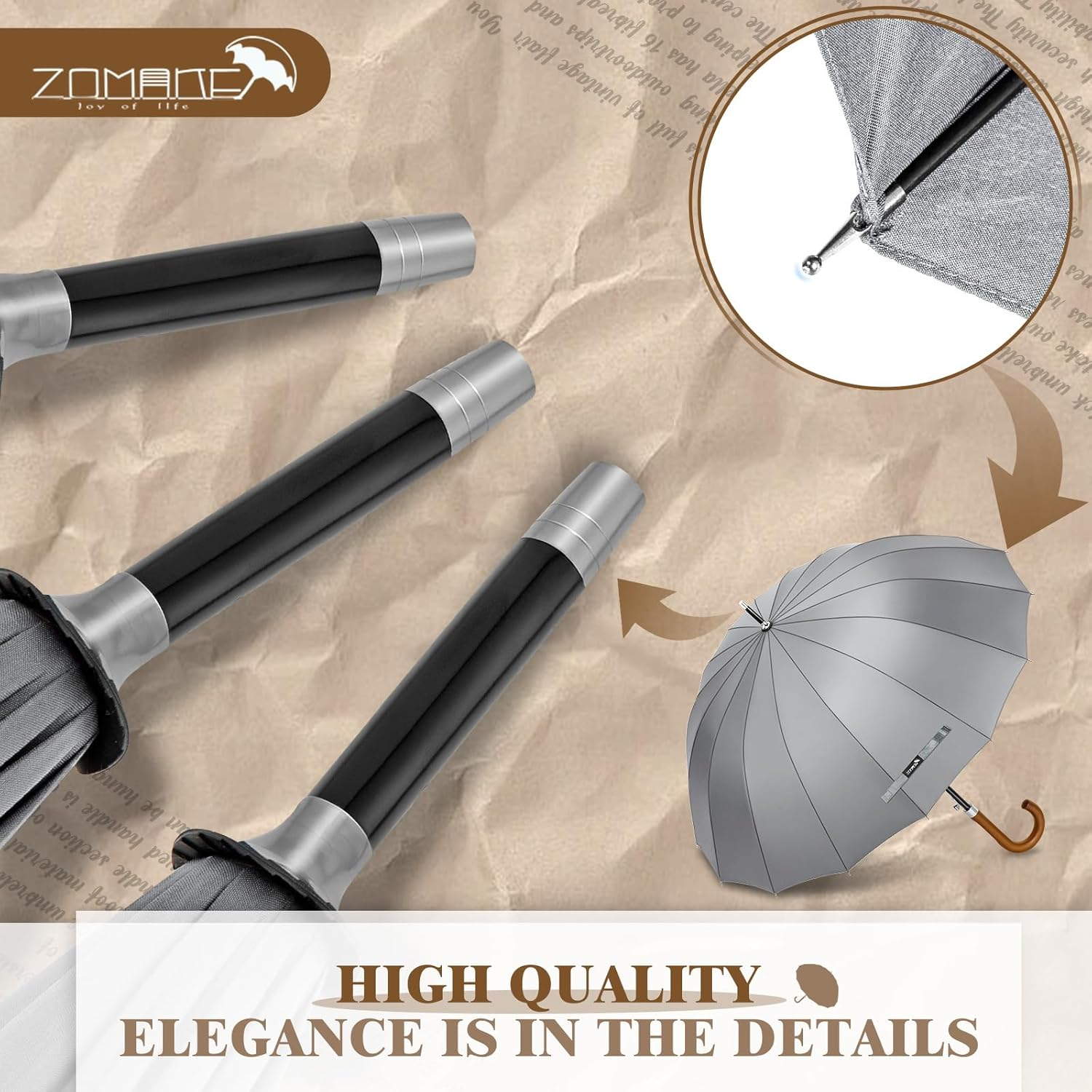 ZOMAKE Large Stick Golf Umbrella with Wood Hook Handle 16 Ribs - Automatic Open Classic Umbrellas Windproof Wooden Handle - Long Umbrella with J Hook,Curved Handle Umbrella Cane for Women Men - Purper image number 6