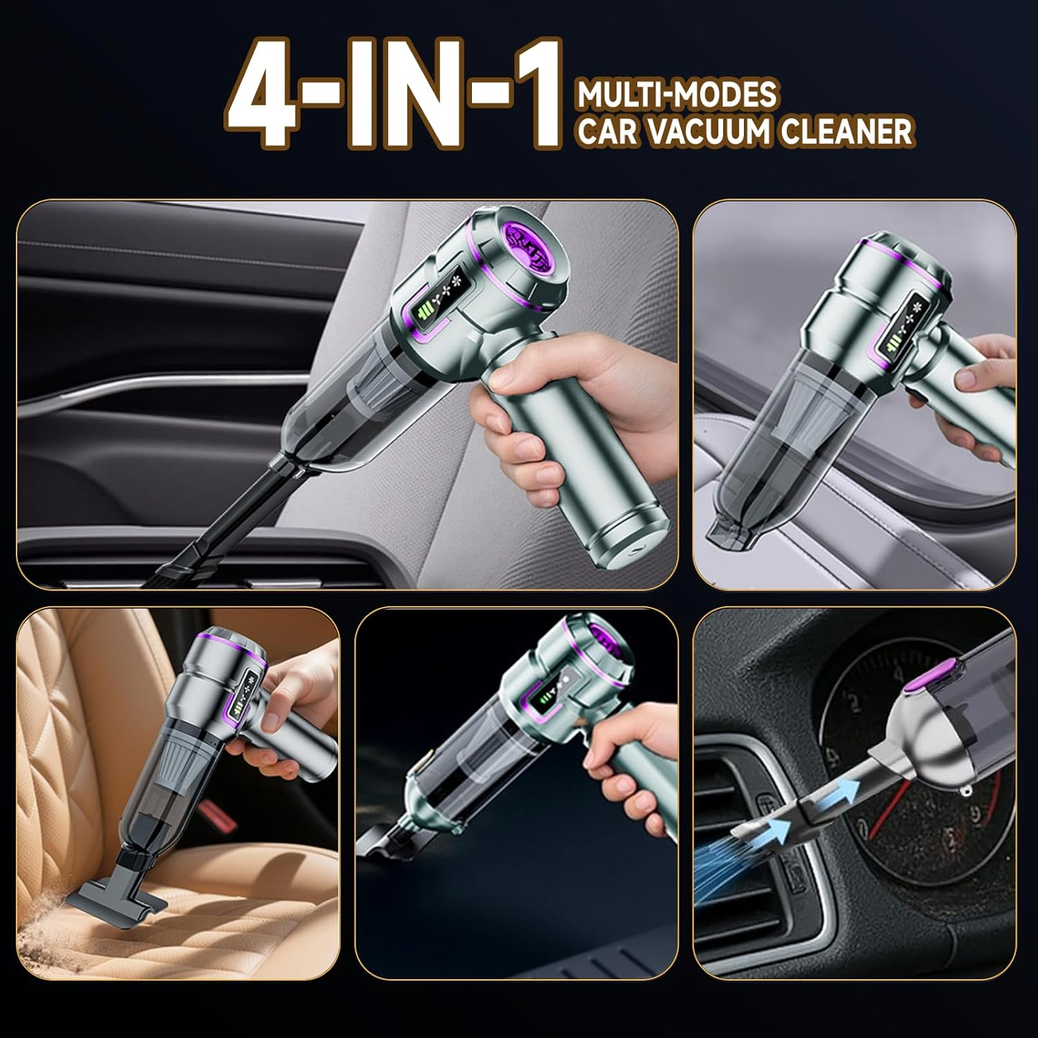Car Vacuum Cleaner Cordless with Battery Display, 23000PA Mini Handheld Vacuum Cleaner, 4-In-1 Compressed Air Duster & Air Blower & Pump Hand Held Vacuum with Brushless Motor for Car, Home, Office