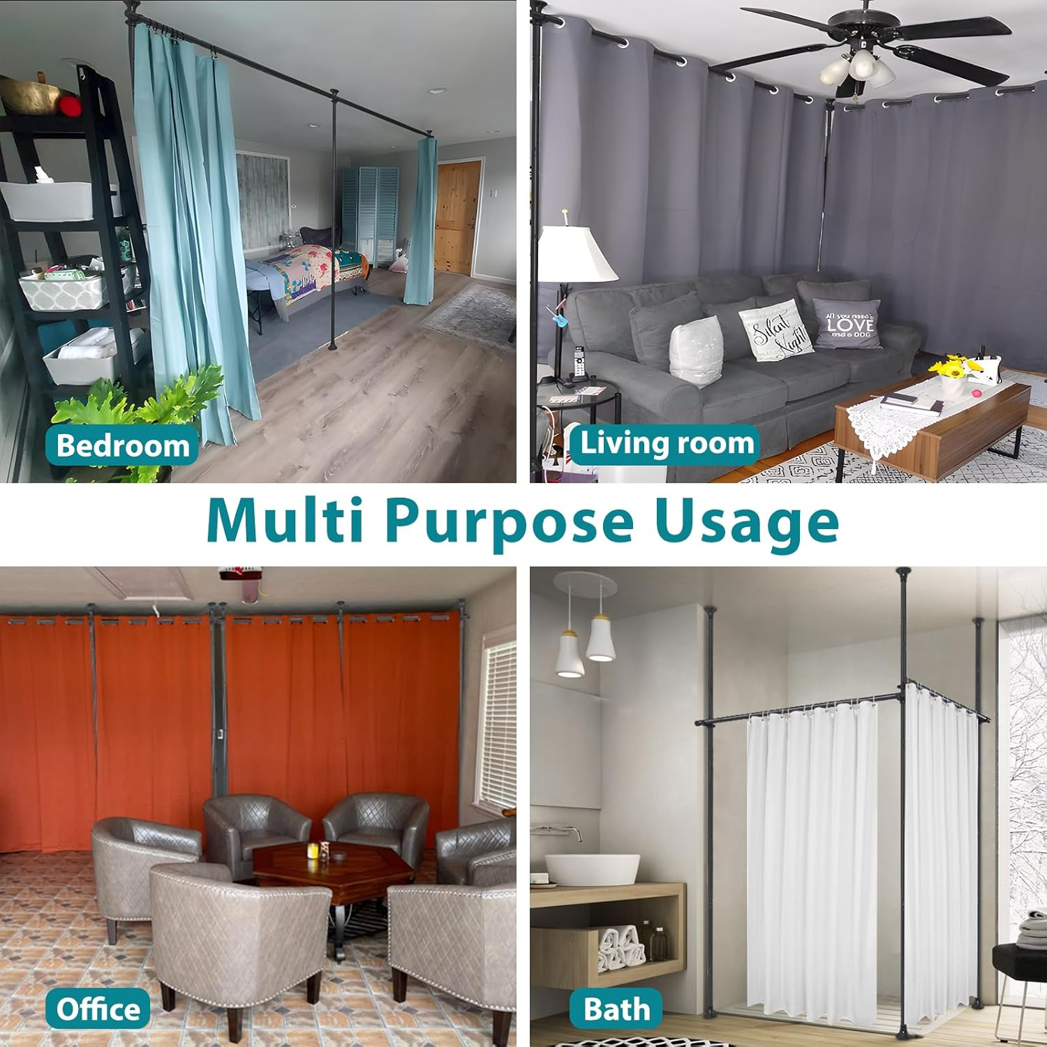 Room Divider, No Drilling Curtain Rods Hanging Wall Divider for Room Separation, 120&rdquo; Tall 114&rdquo; Wide Adjustable Floor to Ceiling Partition Room Dividers, Heavy Duty Corner Room Divider Curtain Rods image number 1