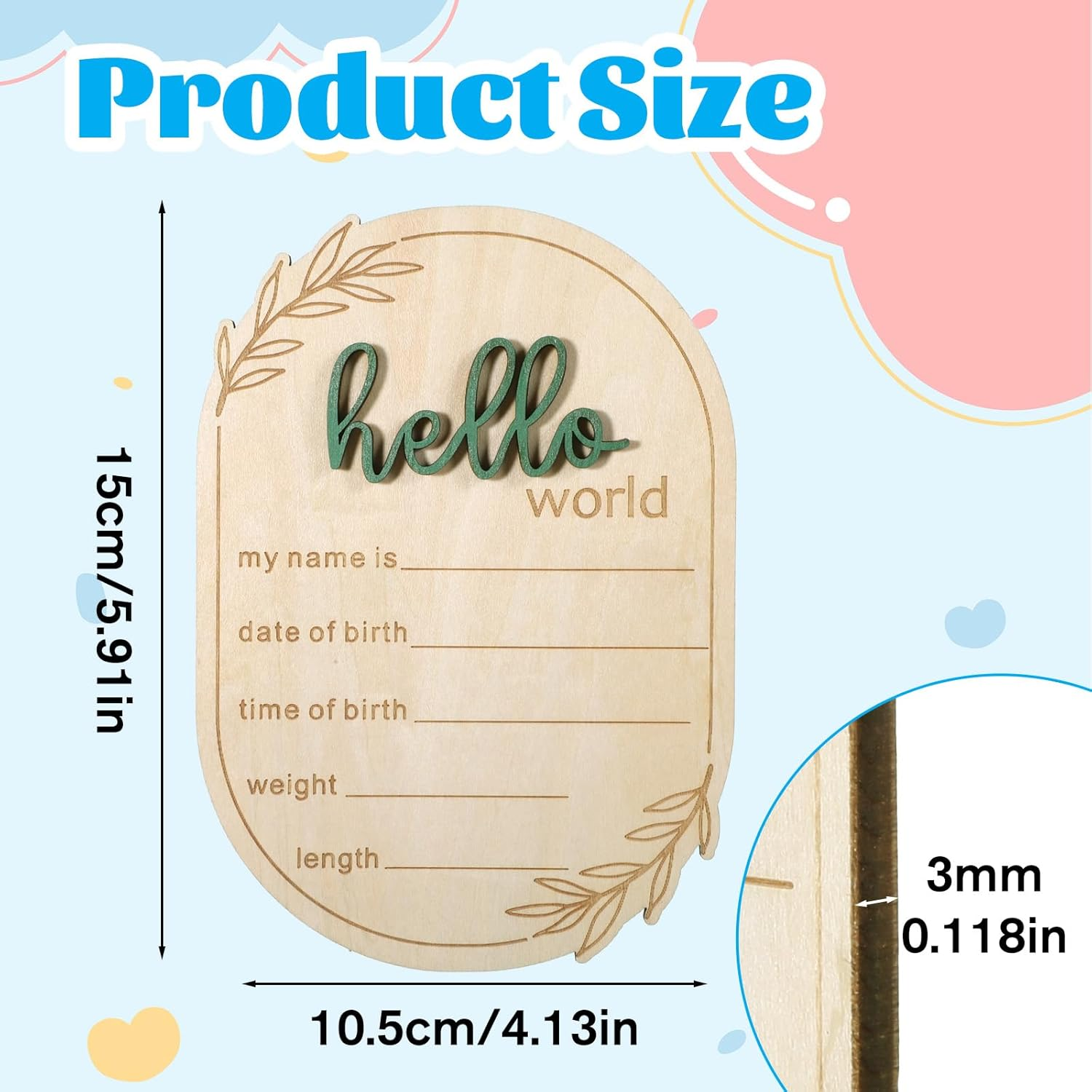 Baby Announcement Sign, 5.9 Inch Wooden Hello World Newborn Signs Birth Baby Name Plaques Birth Announcement Sign for Newborn Boys and Girls Photo Prop Ba-By Shower Hospital Nursery Gift