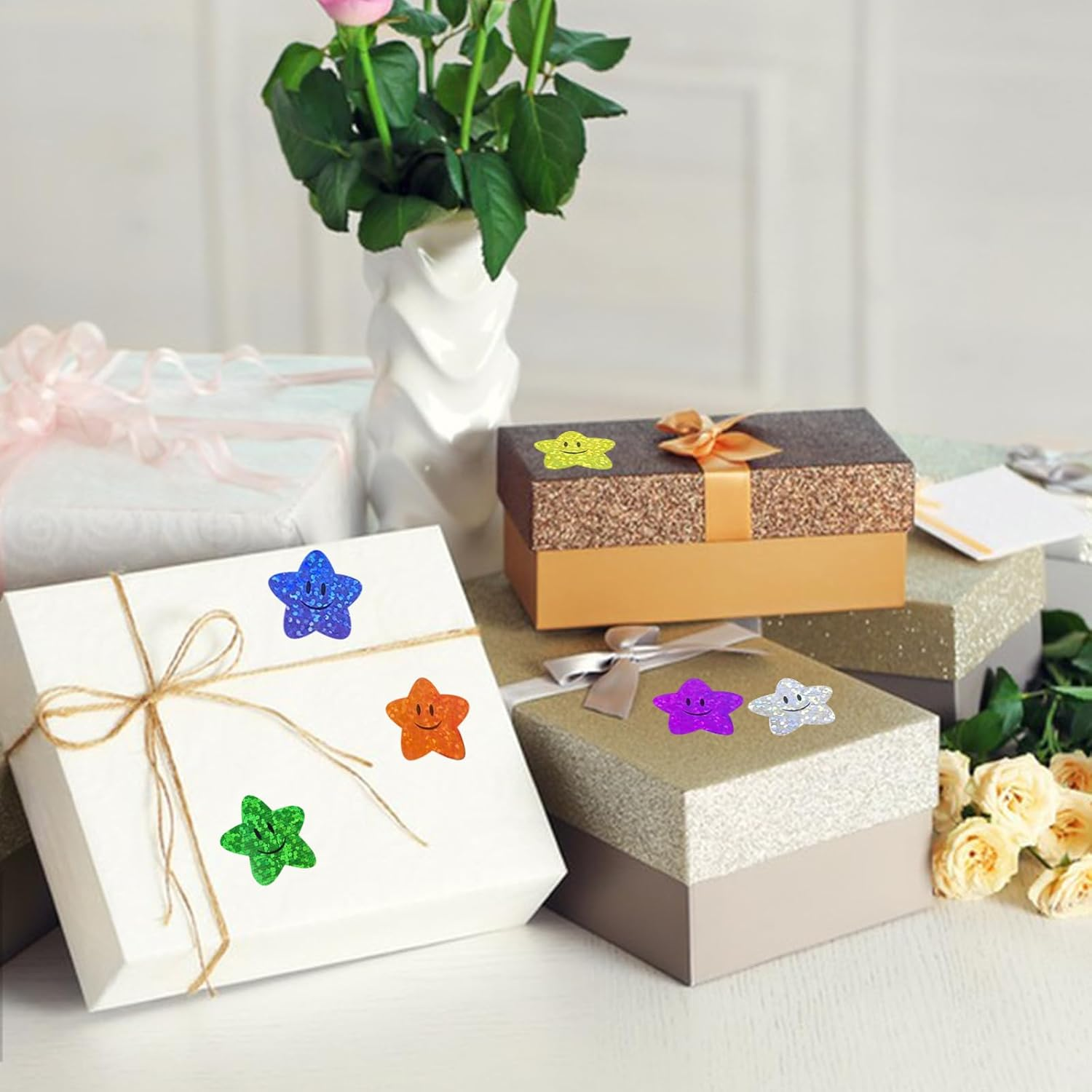 Anwyll Star Smiley Face Stickers - Happy Face Stars Stickers for Kid Reward 500Pcs 1Inch Shiny Star Sticker Self Adhesive Glitter Foil Stars Sticker for Envelope Seal Classroom Teacher Behavior Chart image number 4