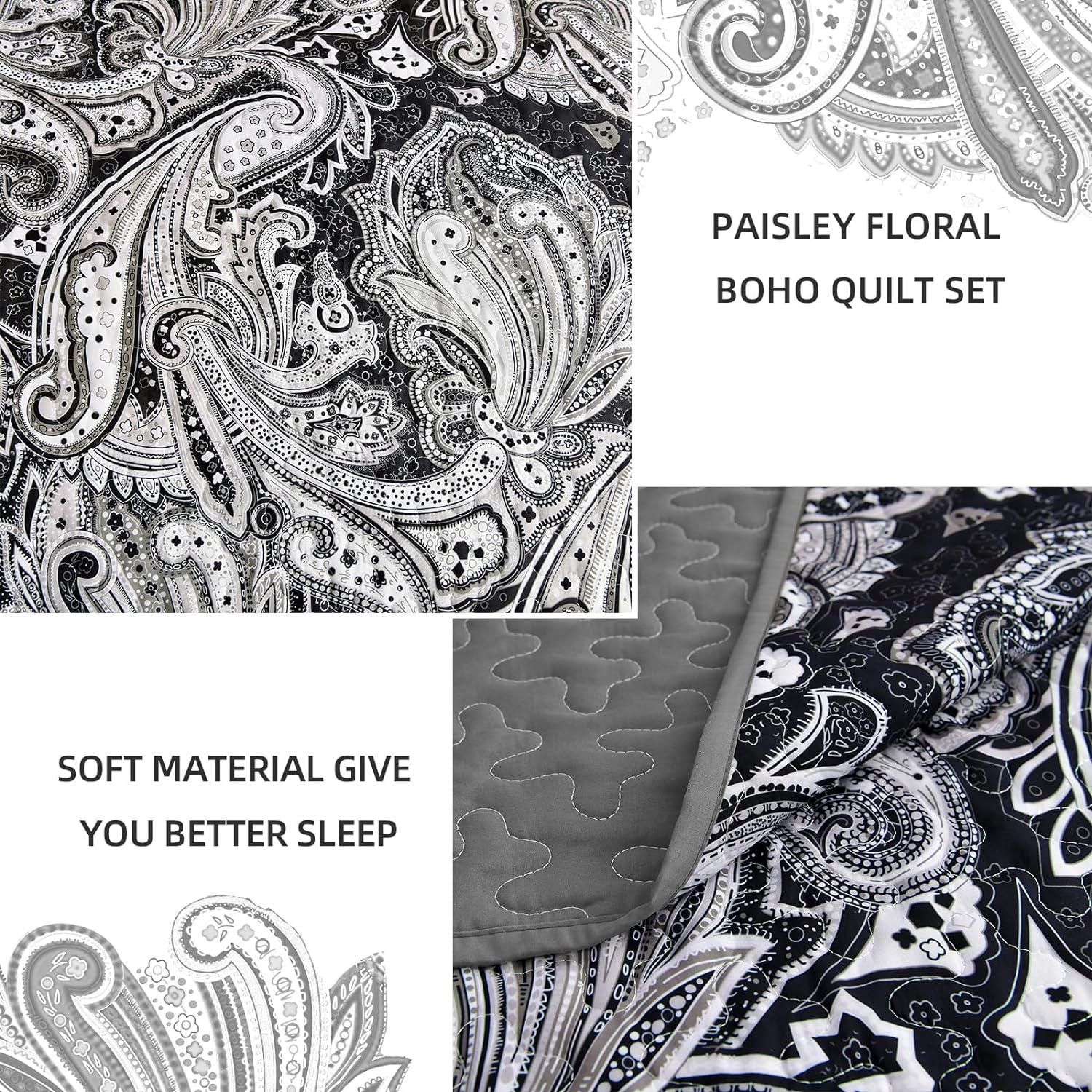 Black Paisley Quilt Set Queen Size Boho Bedspread Coverlet Set 3 Pieces, Soft Lightweight Black and Gray Paisley Floral Pattern Bedding for All Season, 96''X90'' image number 2