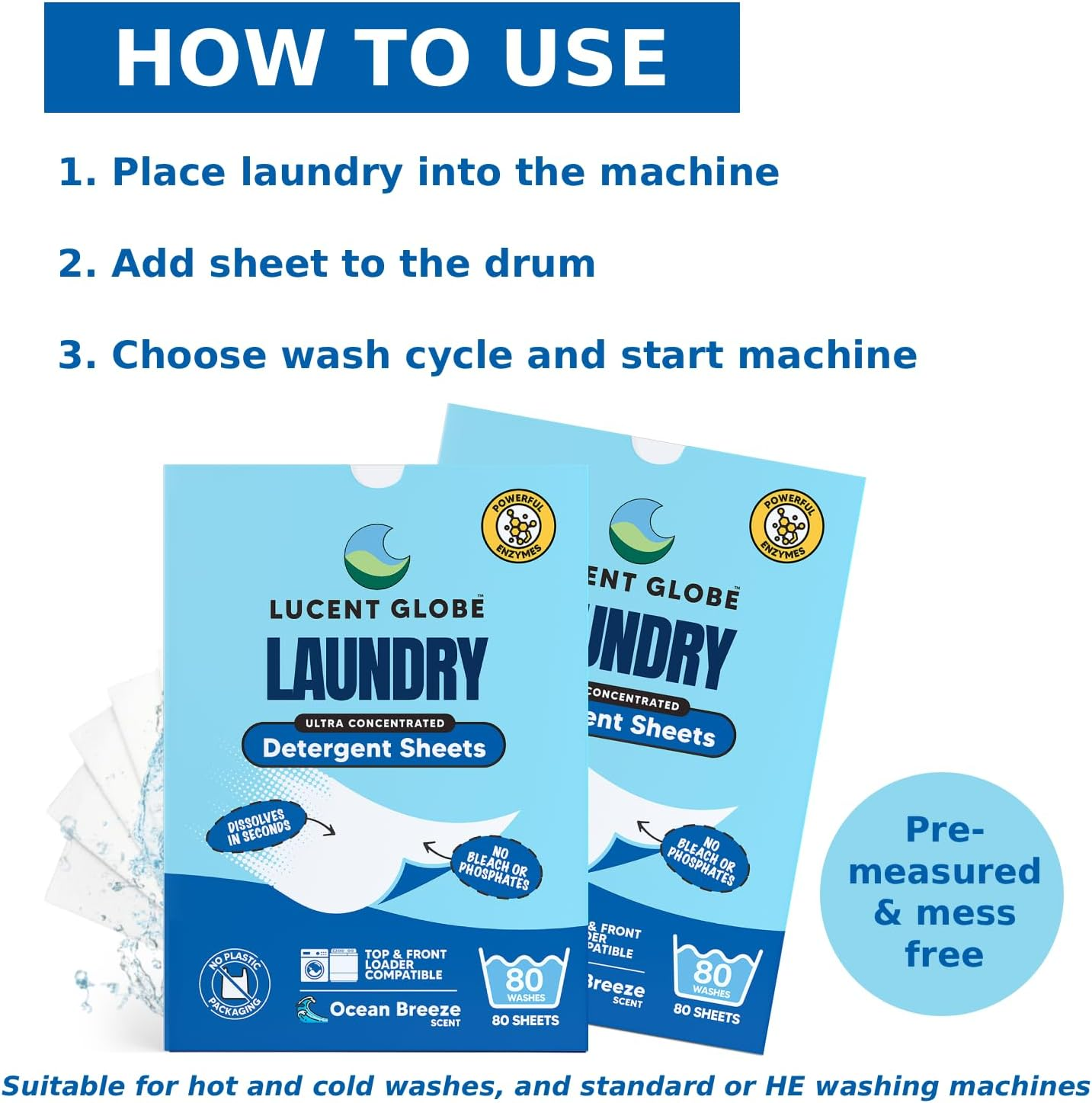 Lucent Globe Sensitive Laundry Detergent Sheets, Plant-Based, Biodegradable, Plastic Free Packaging. (1 Pack of 80 Washes, Ocean Breeze) (4 Pack of 320 Washes, Ocean Breeze) image number 6