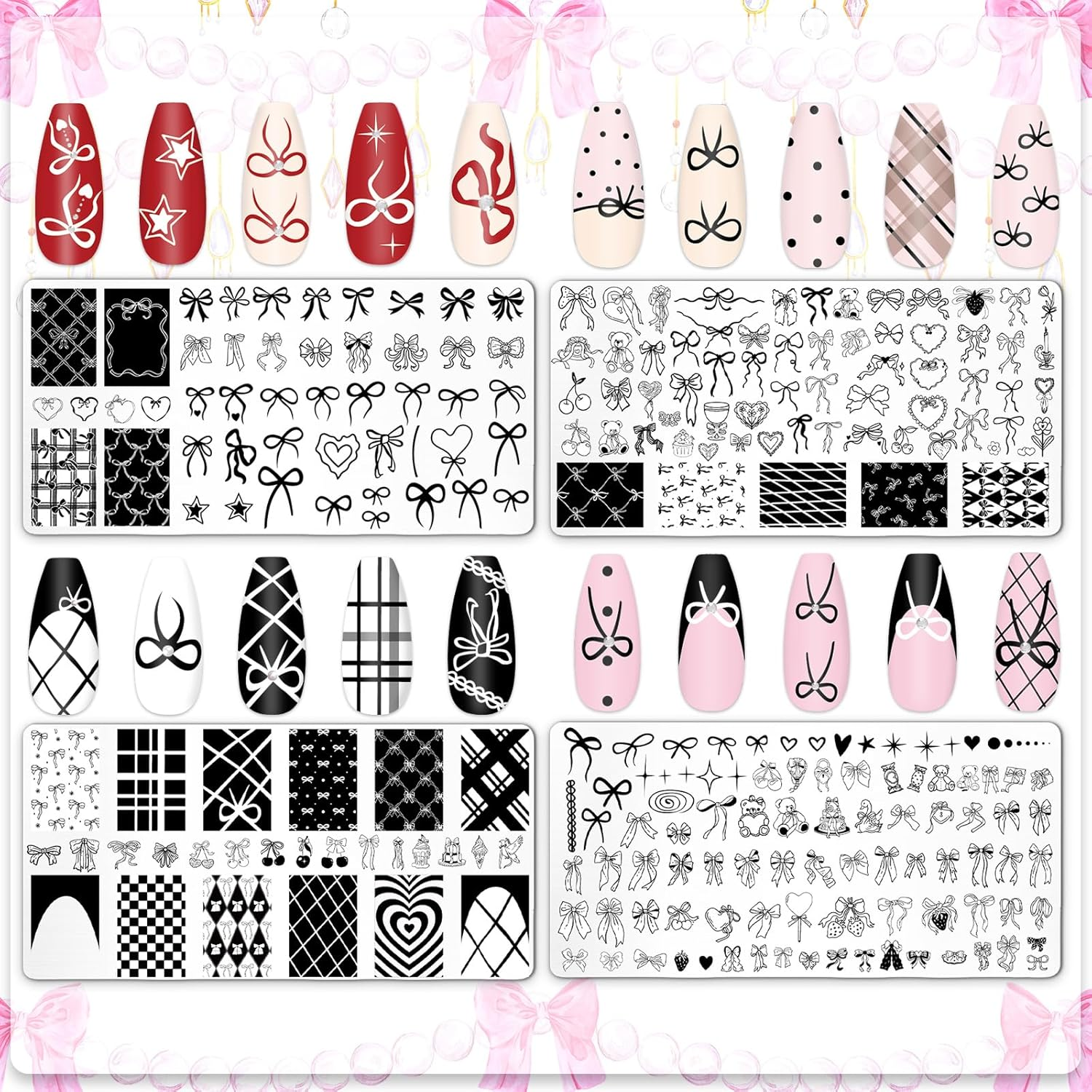 Jarthenaamcs 4Pcs Bow Nail Plates Stamping Set Heart Bear Bowknot Stamp Templates Nail Art Plates for Coquette DIY Print Manicure Salon Design image number 5