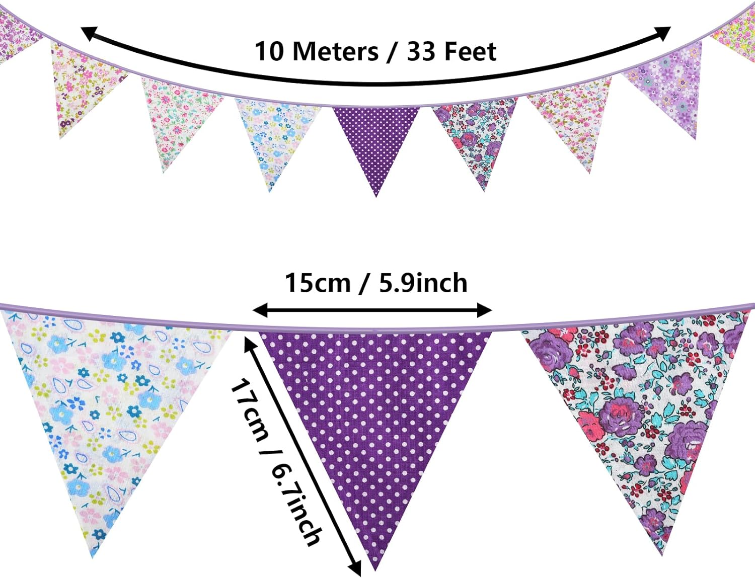 33Ft Floral Triangle Flags, Vintage Bright Triangle Pennants, Purple Bunting Garland Fabric Banner for Birthday Wedding Garden Party Afternoon Tea Decor Outdoor & Home Decoration image number 4