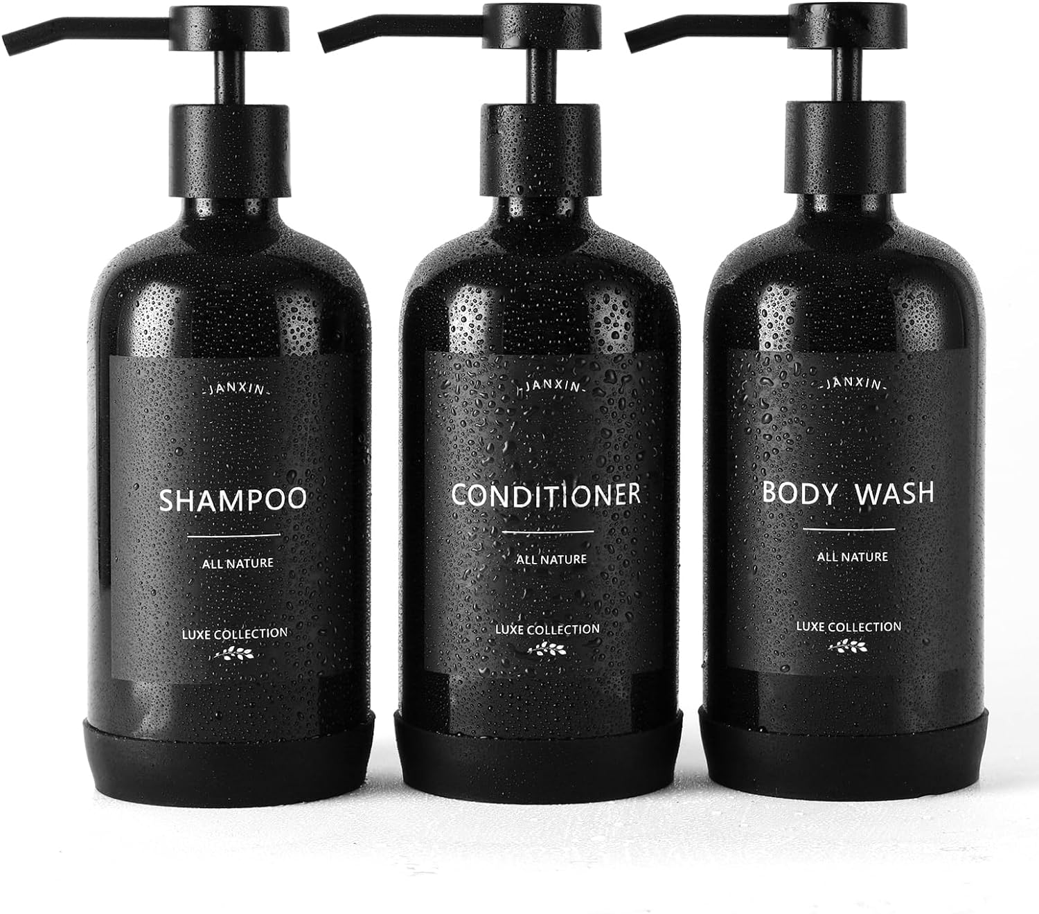 Janxin Shampoo and Conditioner Dispenser Set of 3,Refillable 21Oz Shampoo Bottles with Non-Slip Protective Silicone Pad,Shower Soap Dispenser with Waterproof Labels for Bathroom (White)