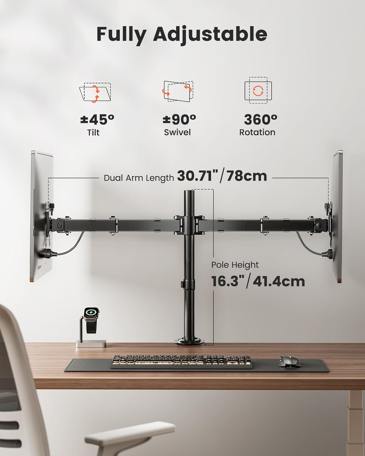 Ergear Dual Monitor Stand, Heavy Duty Adjustable Monitor Mount for 2 Screens up to 32 Inches, Supports 17.6 Lbs per Monitor Stand, VESA 75/100Mm, EGCM1