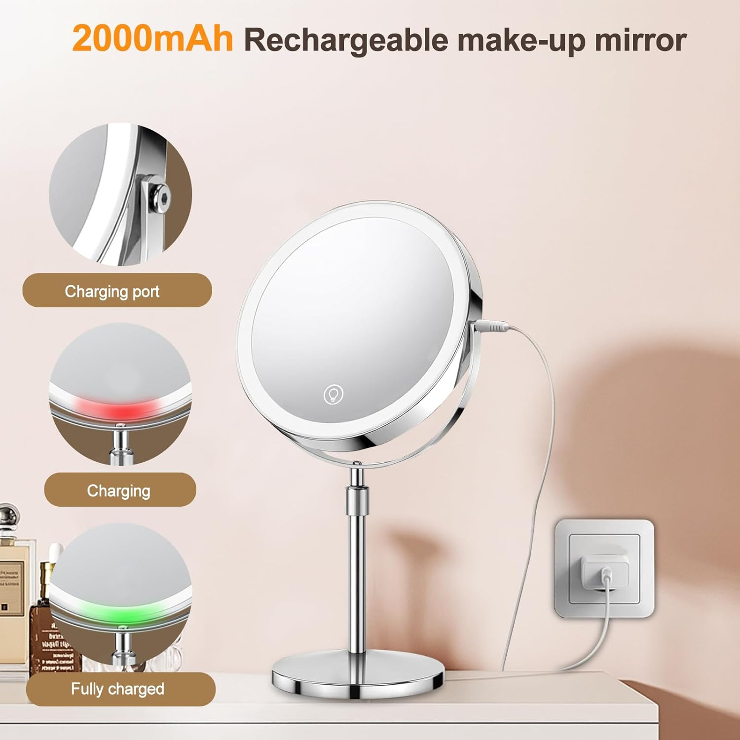 SURFOU 8 Inch Cosmetic Mirror with Lighting, 10X/1X Magnifying Mirror Double-Sided - 360&deg; Rotating & Removable Table Mirror for Makeup, Shaving, Bathroom and Travel