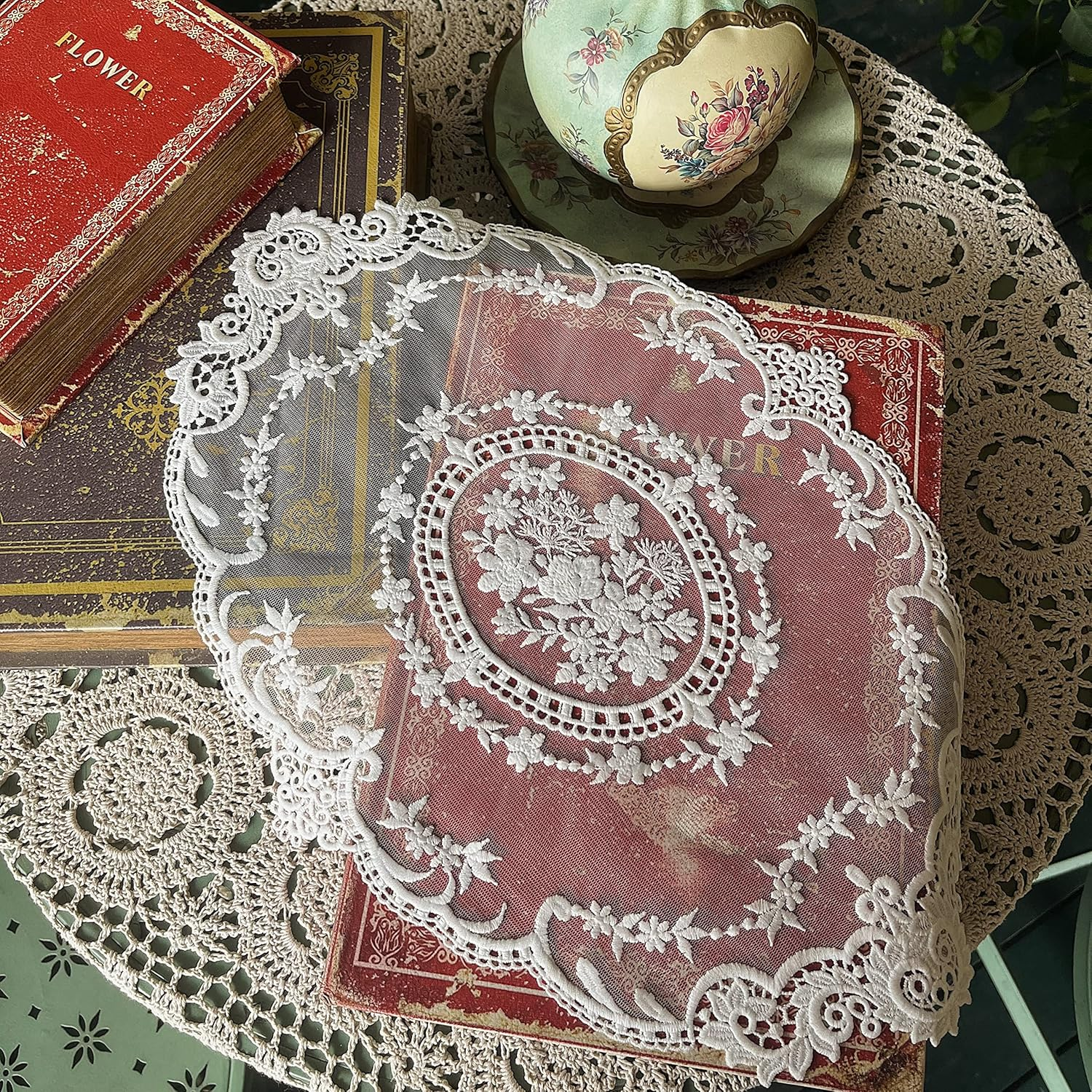 2PACK Retro French Style Lace Placemats Fashionable Embroidered Cup Mat Vase Mat 16.5&rdquo;X11.6&rdquo;,White image number 3