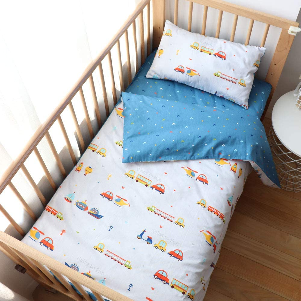 100% Cotton Crib Bedding Set for Toddler Boys Girls,3Pcs Include Duvet Cover,Fitted Sheet,Pillowcase, Baby Bed Linen,Nursery Decoration (Car)