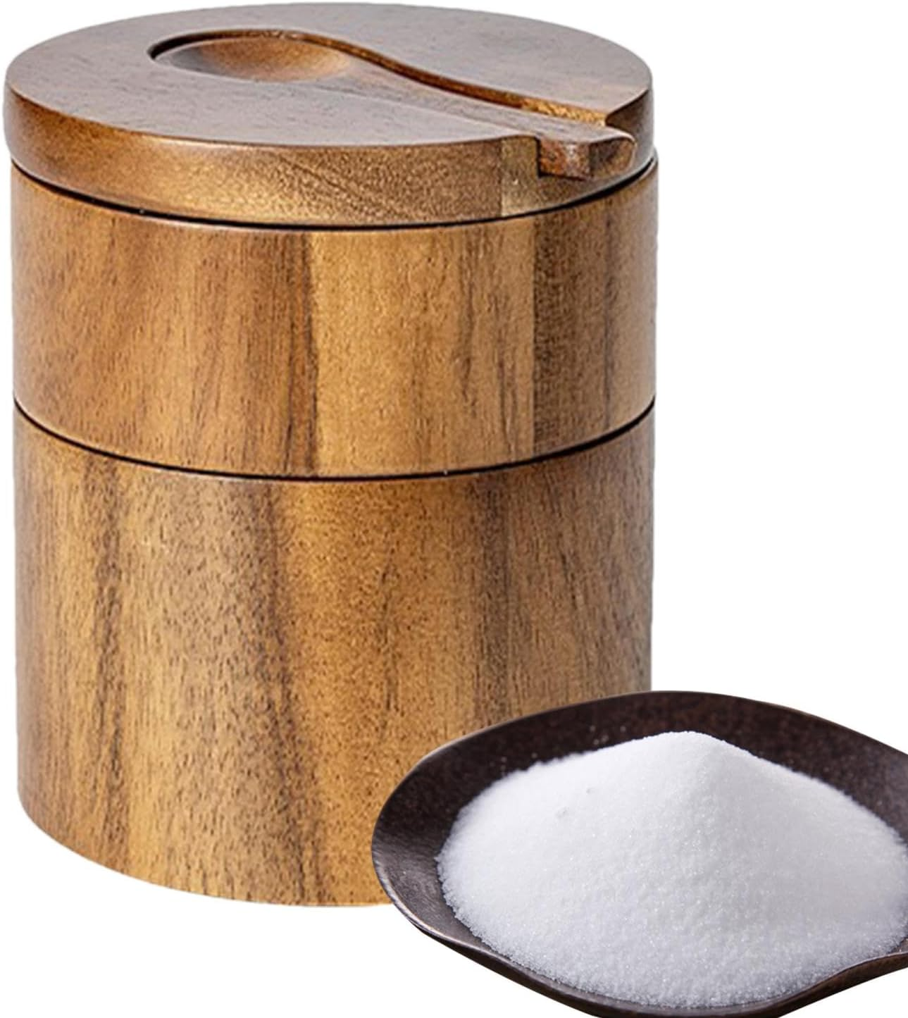 Salt Box Swivel Lid - Wood Storage Box with Magnetic Swivel Lid - round Salt Cellar Bowl, Salt Keeper, Double Layer Salt Pepper Box for Countertops Organizers image number 1