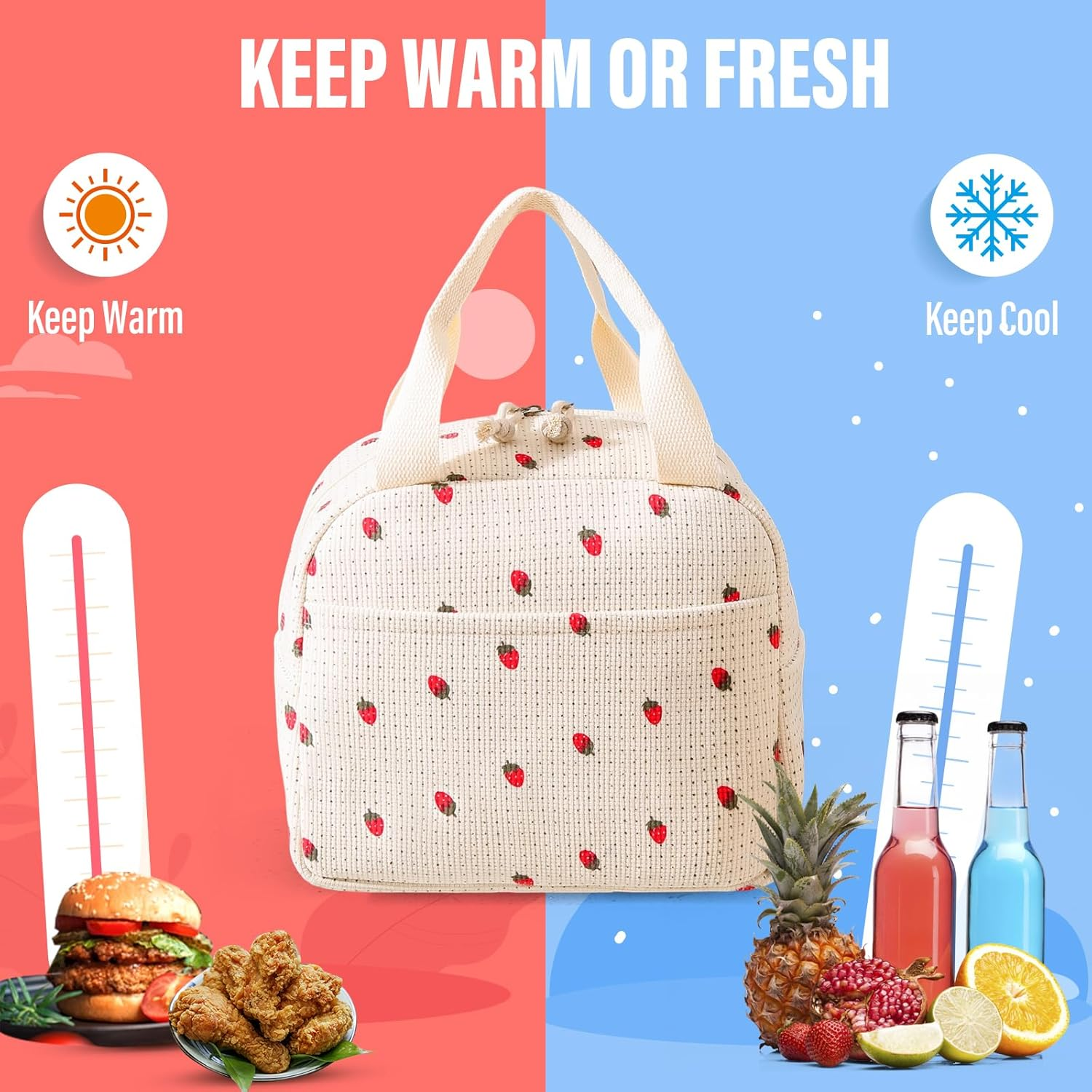 Viiotu Insulated Lunch Bag for Women,Large Lunch Bag with Insulation Aluminum Foil Pearl Cotton for Work, School, Picnic (Strawberry) - Strawberry image number 3