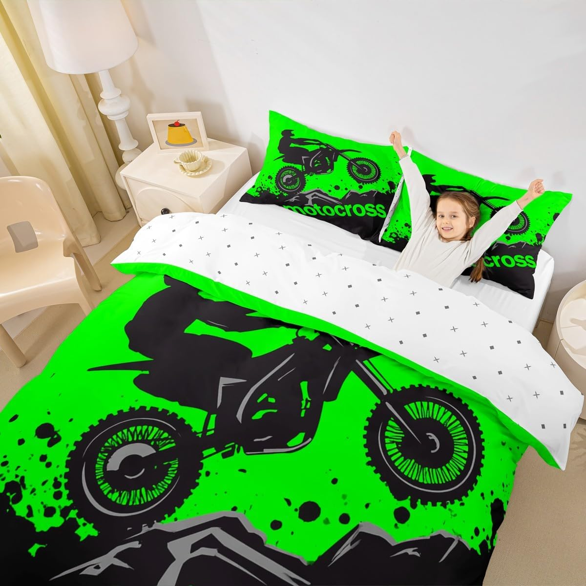 Dirt Bike Bedding Set Full Size Extreme Sports Comforter Cover Set for Boys Teens Racing Motocross Rider Duvet Cover Breathable Motorcycle Bedspread Cover Room Decor Green Black Quilt Cover image number 7