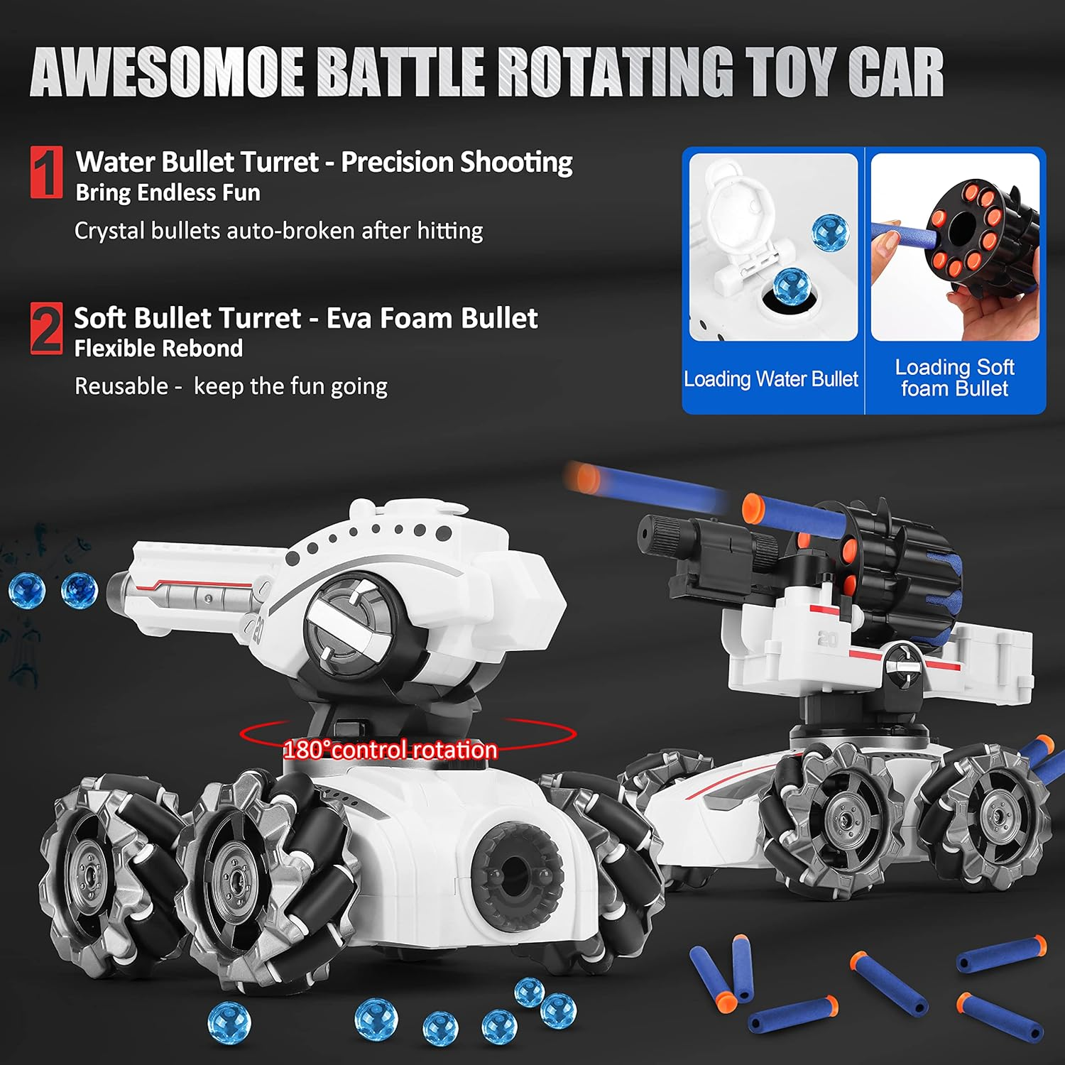 CXJ 3 Head RC Tank Car, Shooting Water Bullets(Bomb) Remote Control Car, Kids 4WD Battle Stunt Car, Blow Bubble, Shoot Foam Darts, 360&deg;Rotating, Leds, Music, Toy Gifts for 6-15 Years Old Boys Girls image number 3