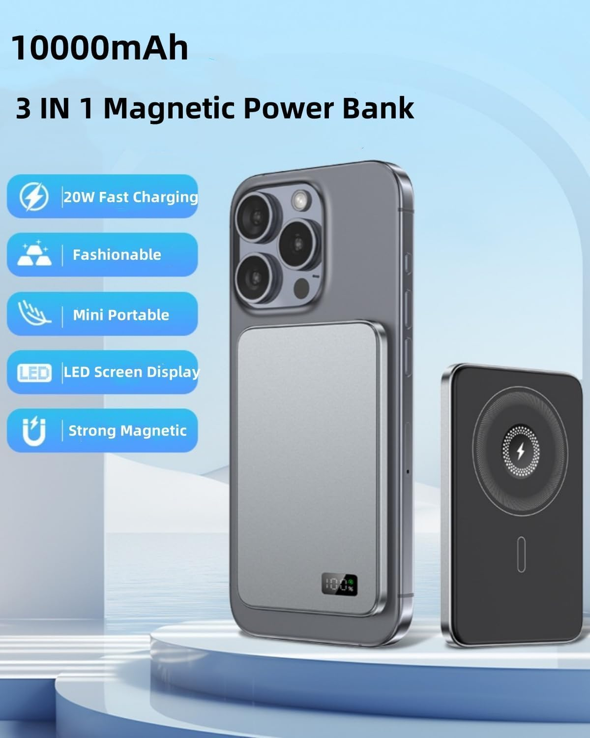 10000Mah Wireless Portable Charger, 3 in 1 Magnetic Power Bank 20W PD Fast Charging USB C Battery Pack with LED Display Compatible with Iphone 16/15/14/13/12, Watch Series, Airpods image number 4