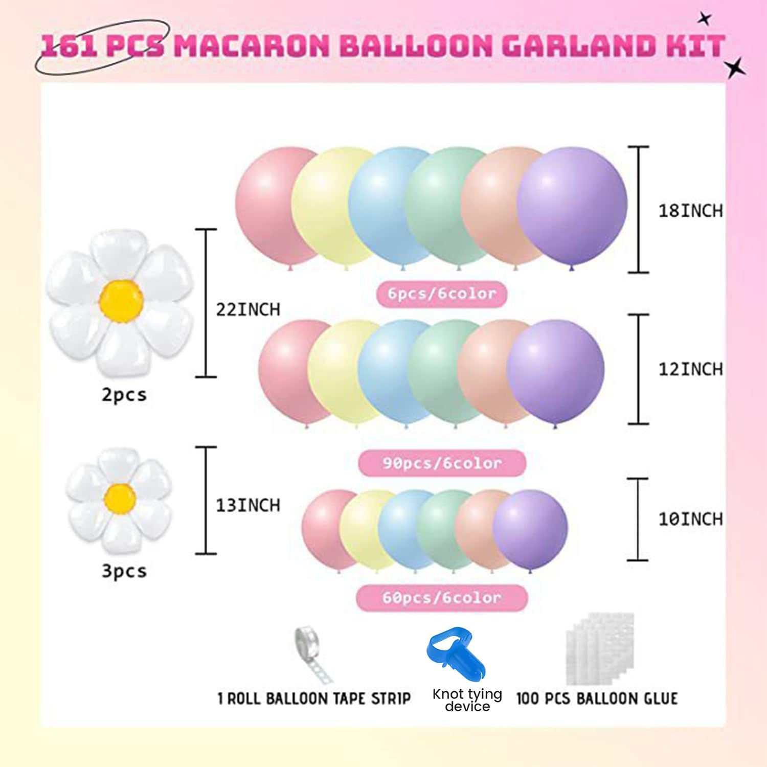 161 Pcs Daisy Balloon Garland Arch Kit Party Pastel Balloons Flower Balloons Macaron Pastel Balloons for Birthday Wedding Christmas Festival Picnic Family Party Decoration image number 2