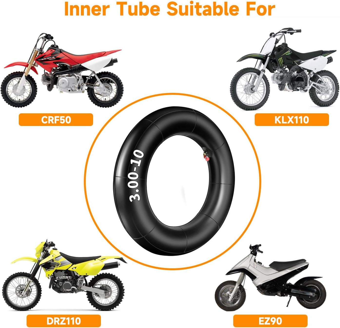 FVRITO 2.75/3.00-10 3.00X10 2.50X10 80/100-10 Inner Tube for XR50 XR70 CRF50 CT70 EZ90 Cub Razor RSF650 KLX110 DRZ110 50Cc 70Cc 90Cc 110Cc 125Cc Dirt Pit Bike Scooter Moped image number 1