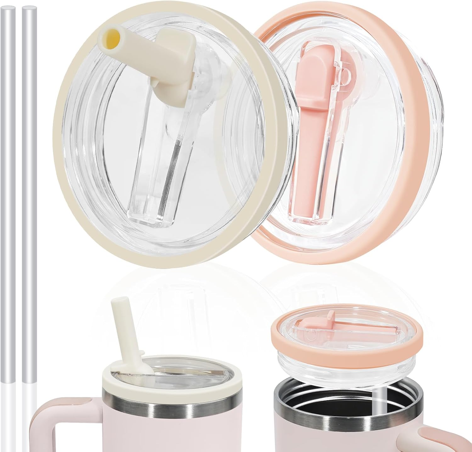 40Oz Spill Proof Flip Straw Lid Replacement for Stanley H2.0 Quencher,Leak Proof Tumbler Lid,2 Pack,Cream White,Pink