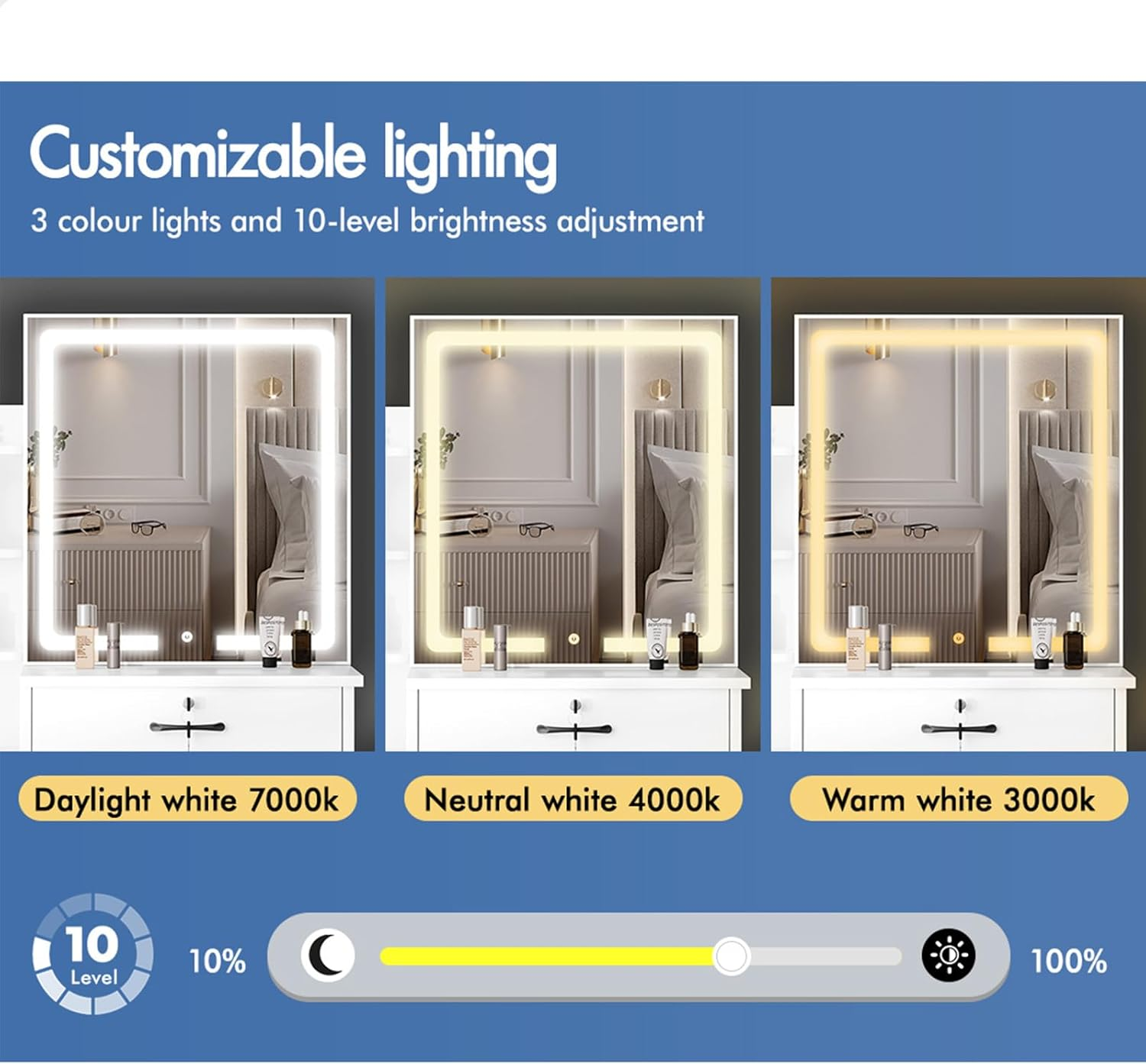 ALFORDSON 4-Drawer Vanity Set, Lockable Drawer & Sliding Mirror, Bedroom Vanity Table, 80X36X131.5Cm, White - 3 Color Lights, Hidden Storage Stool