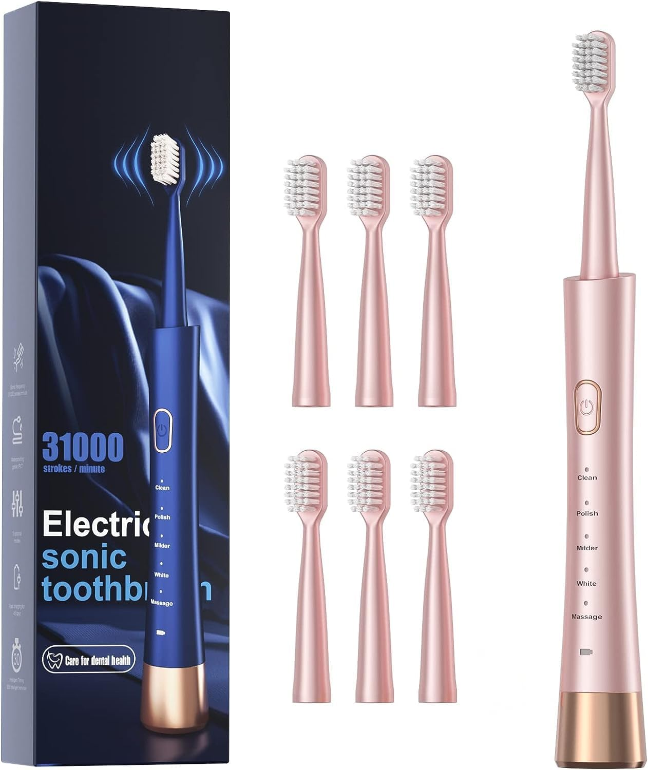 Oolong Waterproof Sonic Electric Toothbrush, 2-Hour Fast Charge with Intelligent Time Reminder, 5 Modes, 6 Brush Heads, Travel, Indoor, Outdoor, Pink image number 4