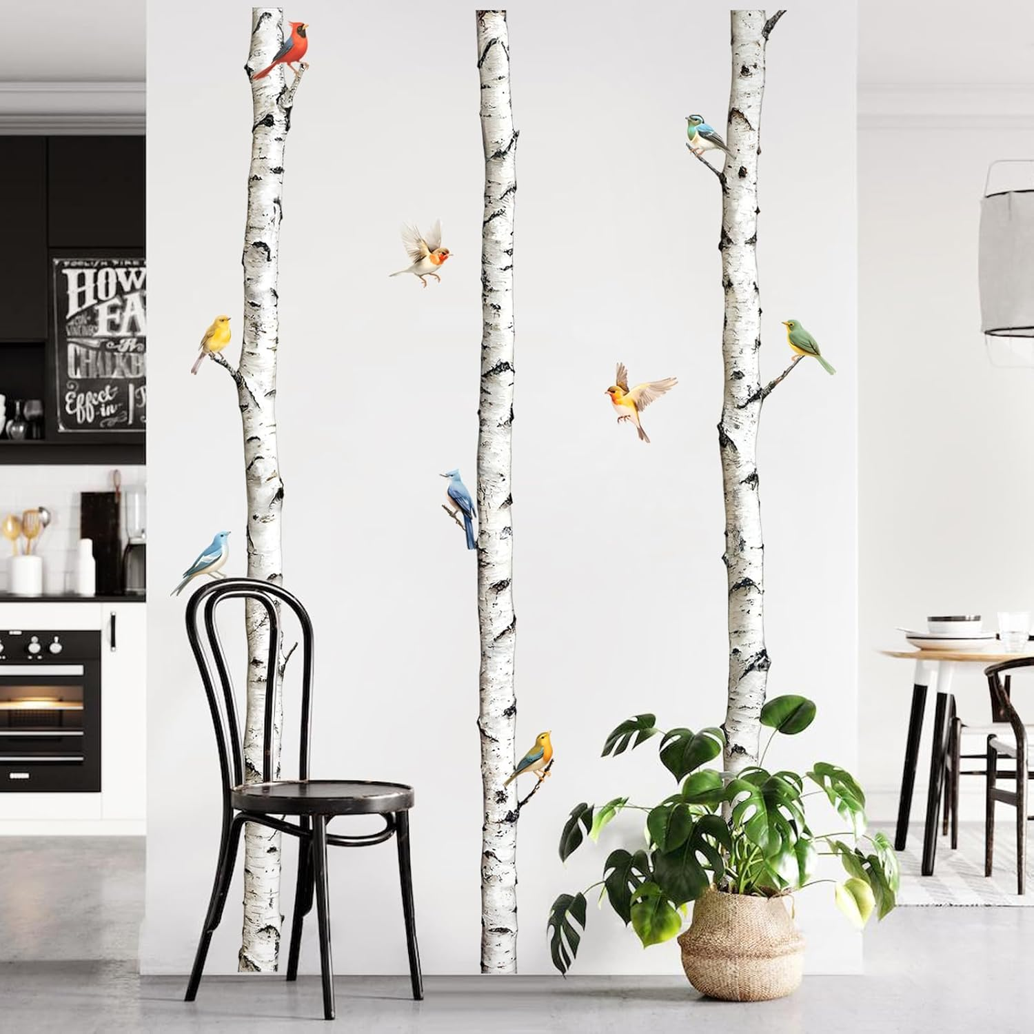 95" Tall Birch Tree Wall Decals 3 White Aspen Trees Flying Birds Wall Stickers Peel and Stick Birch Trunk Wall Art Decor for Bedroom Living Room Kitchen Sofa TV Backdrop Wall Decoration image number 1