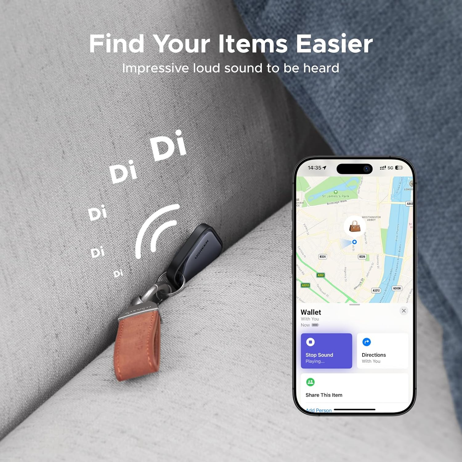 UGREEN 2 Pack Finetrack Smart Finder, Bluetooth Tracker Tag, 2-Year Replaceable Battery, Compatible with Apple Find My (Ios Only), 80Db Alarm Volume, Item Finder and Locator for Keys, Luggage, Car image number 3