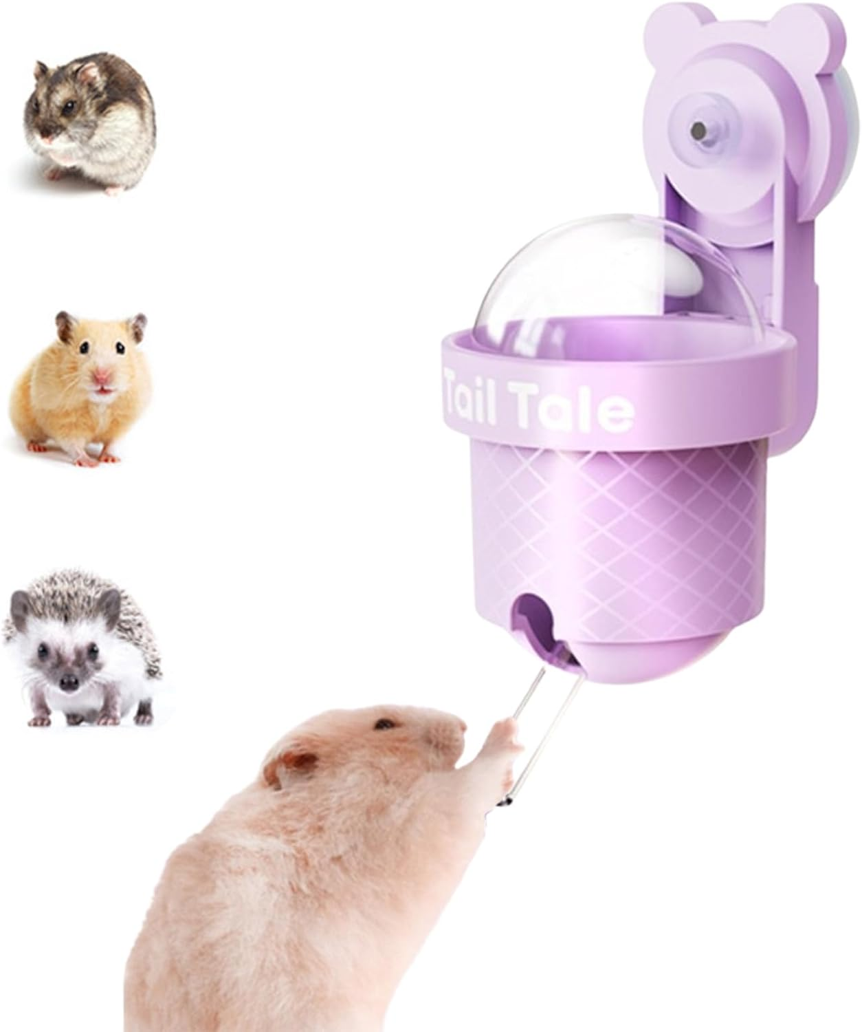 SUSOO Leak-Proof Hamster Water Bottle with Vacuum Silent Drinking Water Design,2-In-1 Hook and Suction Cup Design for Wire Cage and Acrylic Small Animal Water Dispenser Cage Accessorie (Purple, 110ML)