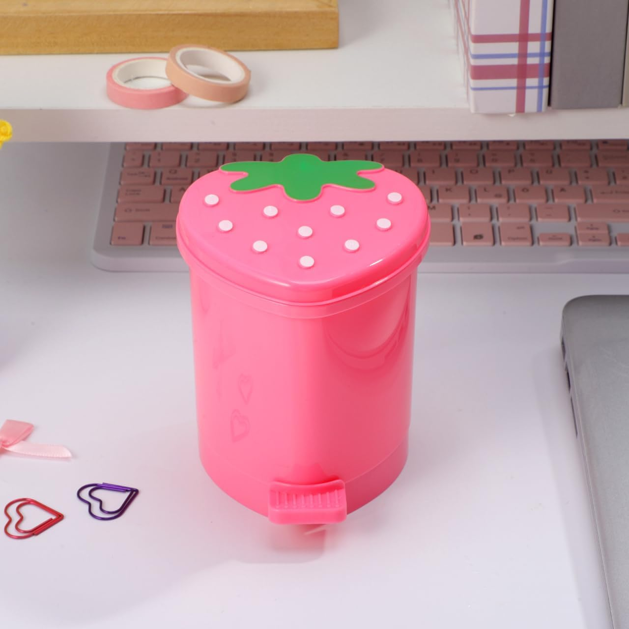 Toddmomy Pink Trash Car Cute Strawberry Desk Trash Can Mini Garbage Can with Lid Countertop Trash Cans for Desk Car Office Kitchen Cute Things image number 4