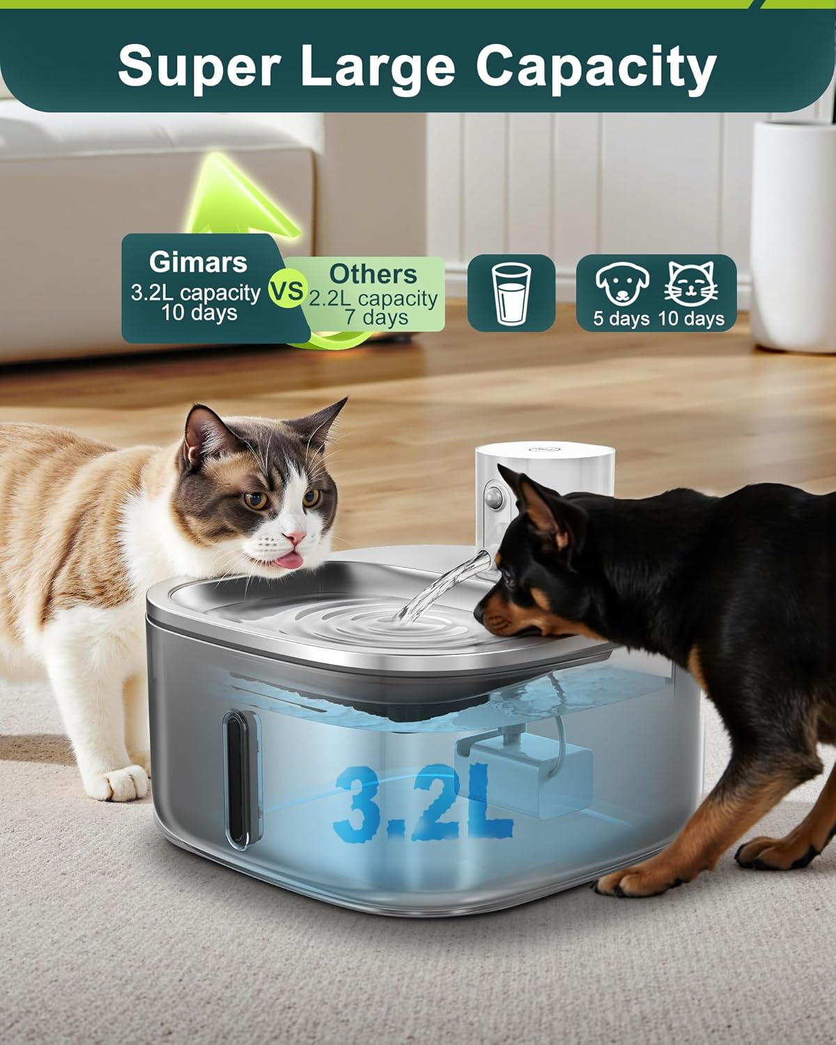 Gimars Wireless Cat Water Fountain Stainless Steel,108Oz/3.2L Pet Water Fountain with Motion Sensor for Cats and Dogs, 5000Mah Battery Operated,Ultra Quiet Cat Drinking Fountain with 2 Filters image number 5