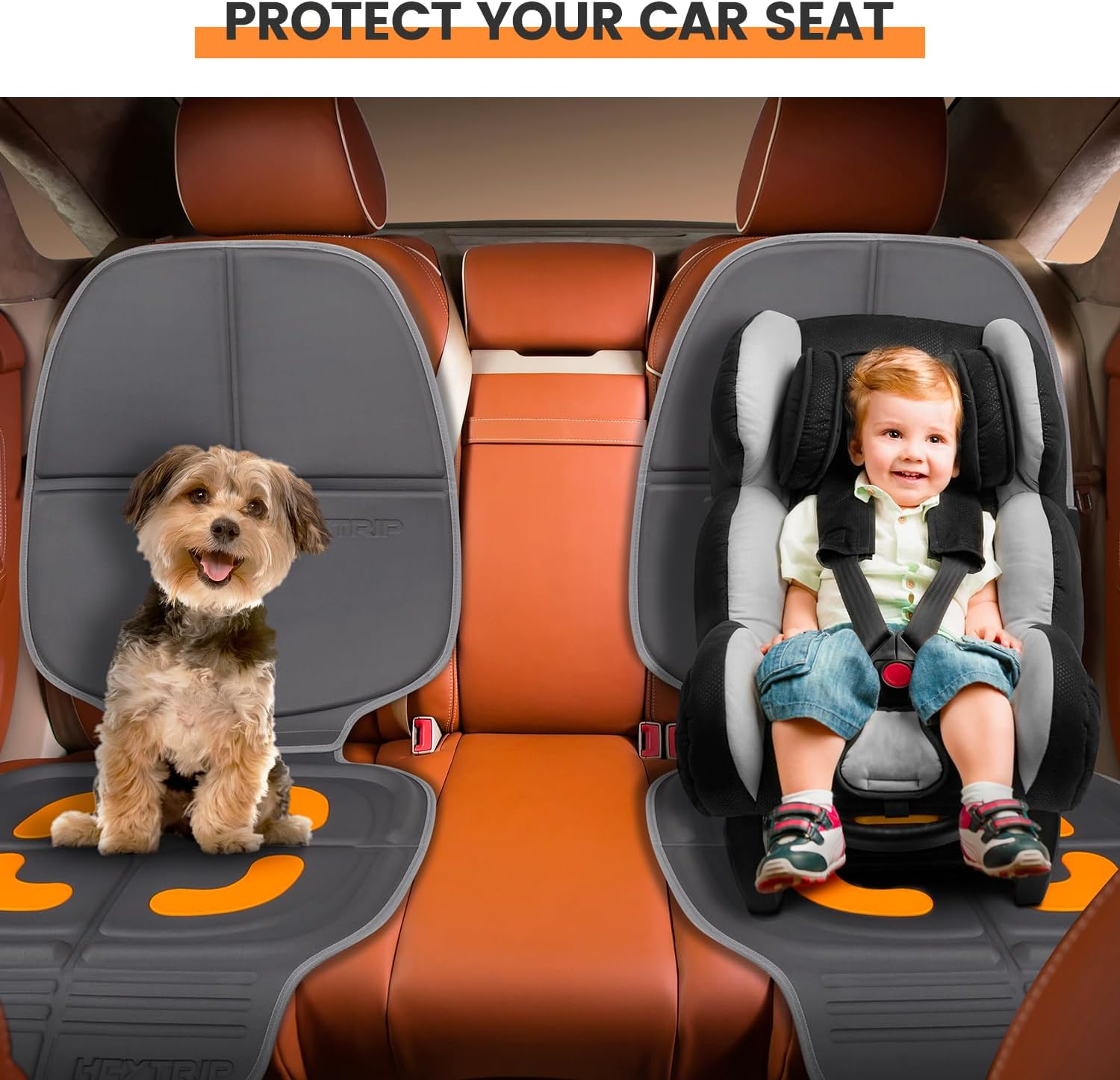 HEYTRIP Car Seat Protector and Kick Mat, Rear-Facing/Forward Facing, for 0~12 Years Old Children, Waterproof, Easy Cleanup, Non-Slip, Fit Most Car Seats(Dark Grey Orange) HEYT07002AB image number 7