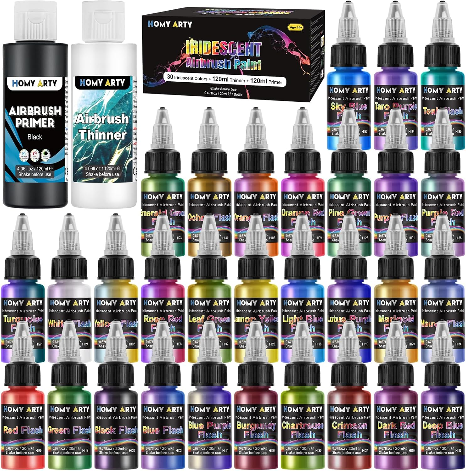 HOMY ARTY Iridescent Airbrush Paint - 30 Colors with 4.05 Fl Oz Thinner and 4.05 Fl Oz Primer, Ready to Spray Acrylic Paint, Water-Based Iridescent Air Brush Colors for Plastic Models, Canvas image number 2