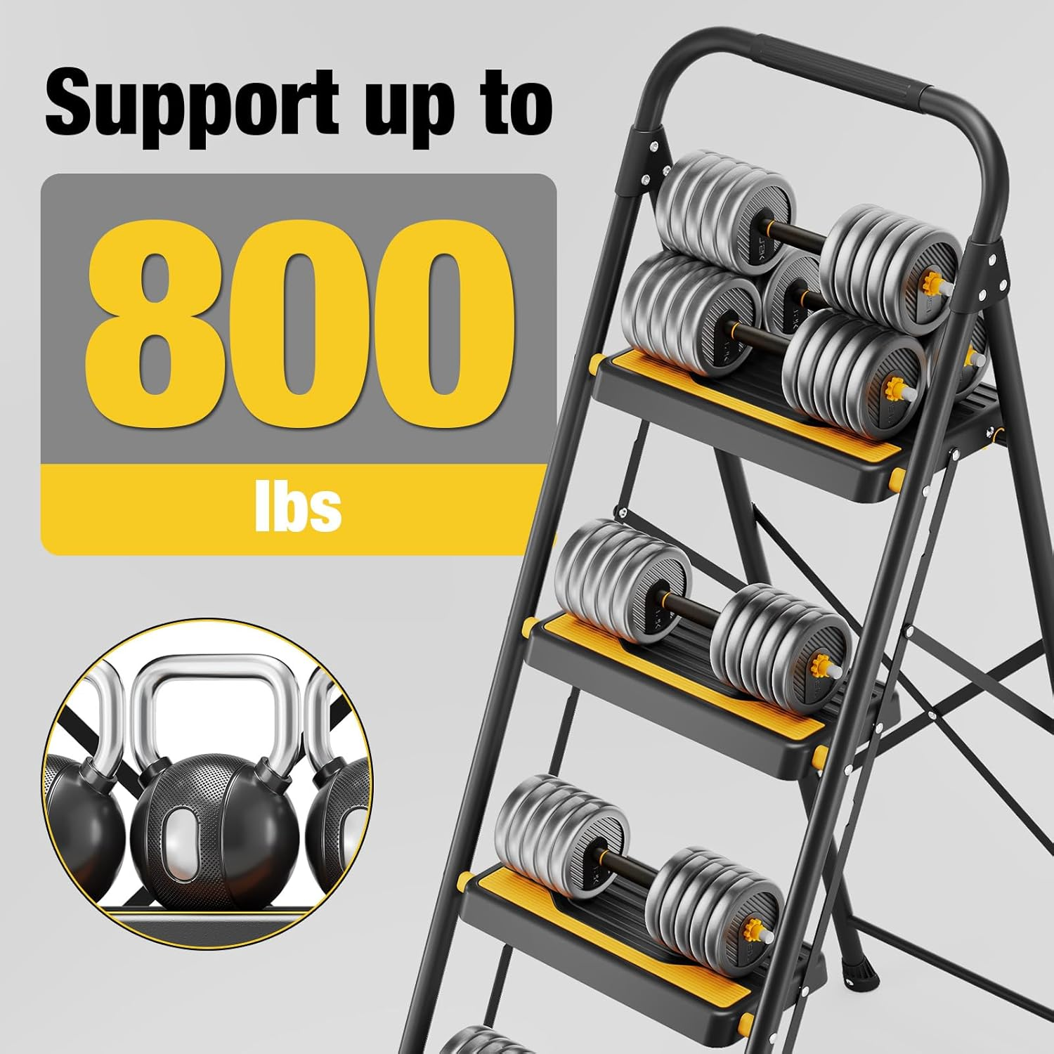 Urackify 4 Step Ladder, Heavy-Duty 150Kg Capacity, Wide Anti-Slip Steps & Secure Handrail Compact, Folding Step Stool Portable Design for Home, Kitchen, Office, Pantry, Closet Use, Black image number 3