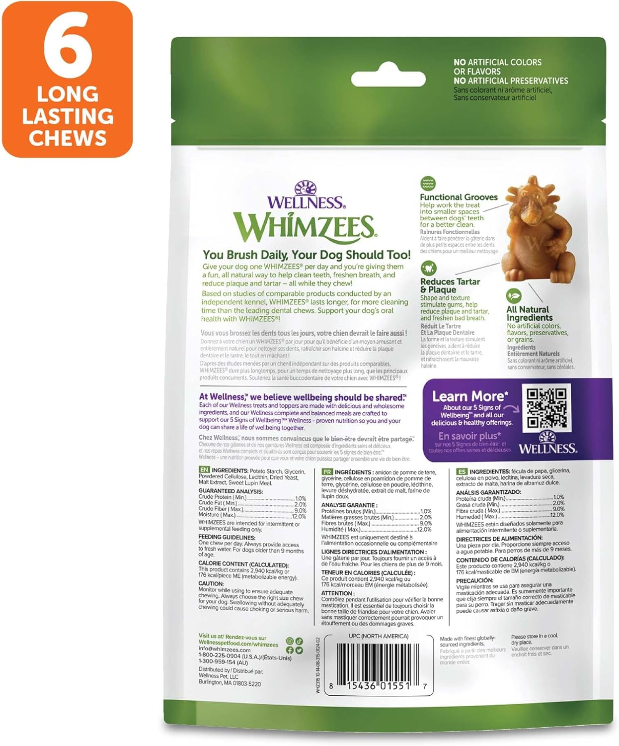 WHIMZEES Hedgehog Dental Dog Treats, Value Bag, Large (18-27Kg Dogs), Natural Daily Dental Chews (Pack of 6)