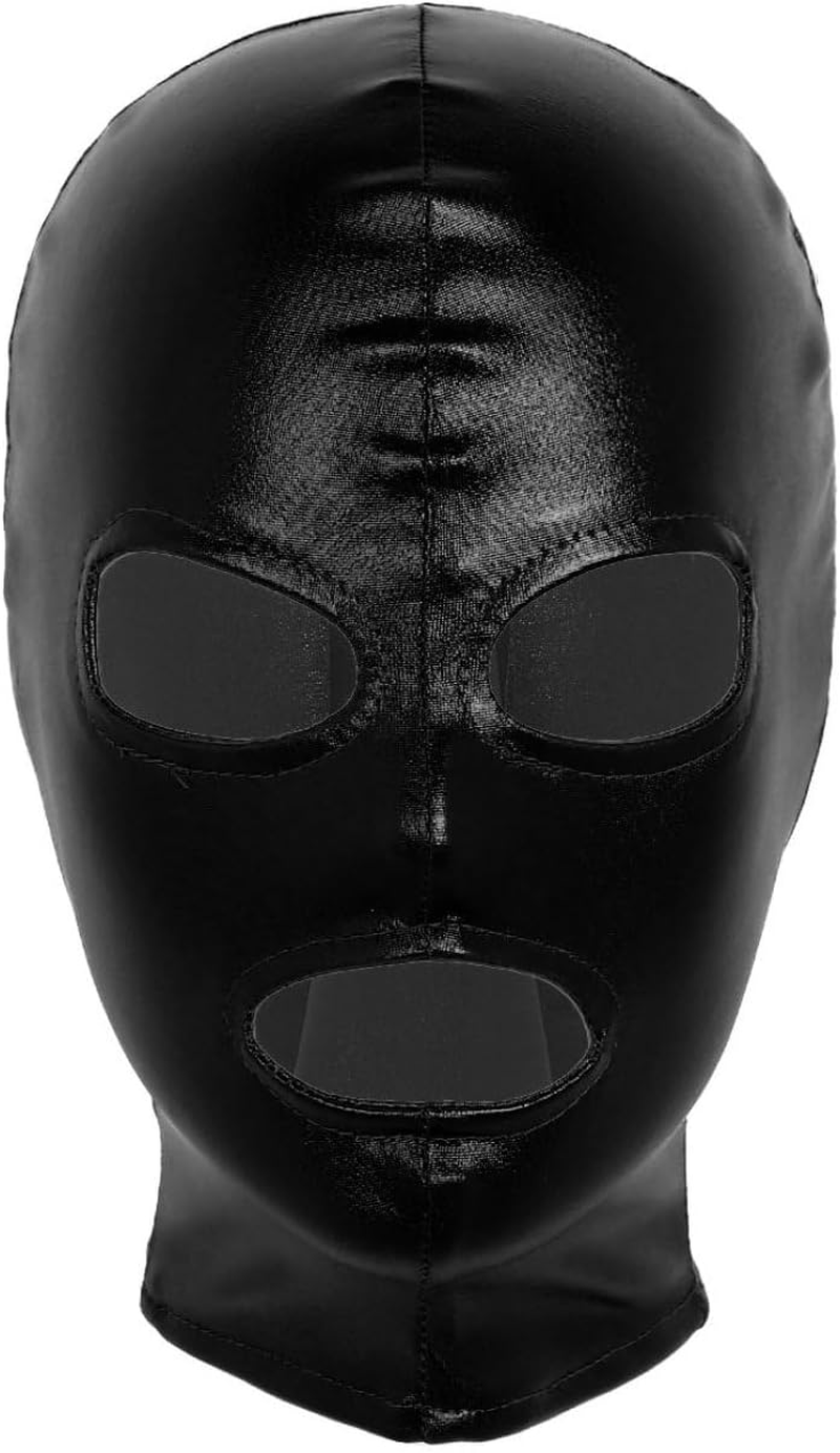 Unisex Adult Headgear Latex Smooth Metal Open Eyes Mouth Full Face Mask Hood Cosplay Clothing