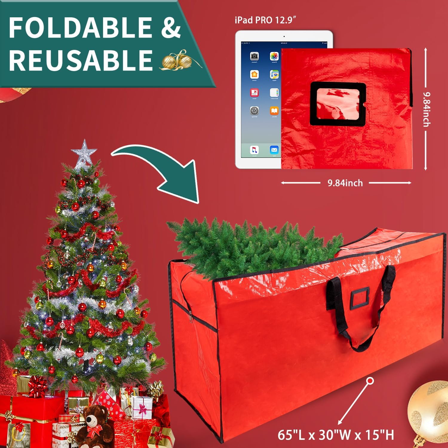 Christmas Tree Storage Bag, Heavy Duty 9 Ft Artificial Xmas Holiday Tree Storage Zippered Bag with Carry Handles, Durable Waterproof Material, Protect against Dust, Insects & Moisture (Red)