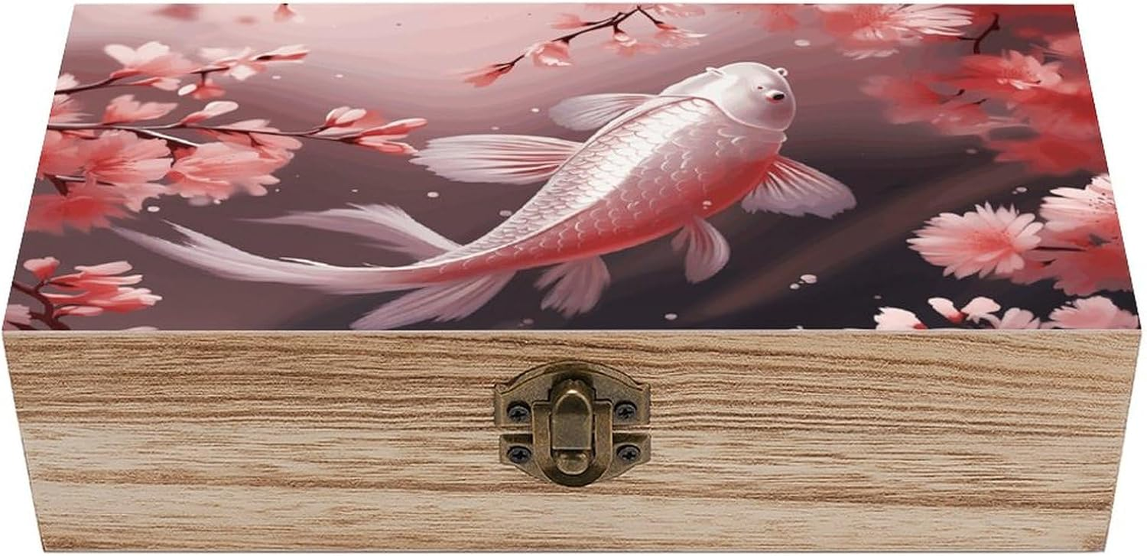 Red Carp Wooden Box Wood Wedding Keepsake Boxes with Lids Small Decorative Boxes Lightweight Wooden Memory Storage Box for Crafts Keepsakes Jewelry Photo Letter Storage image number 4