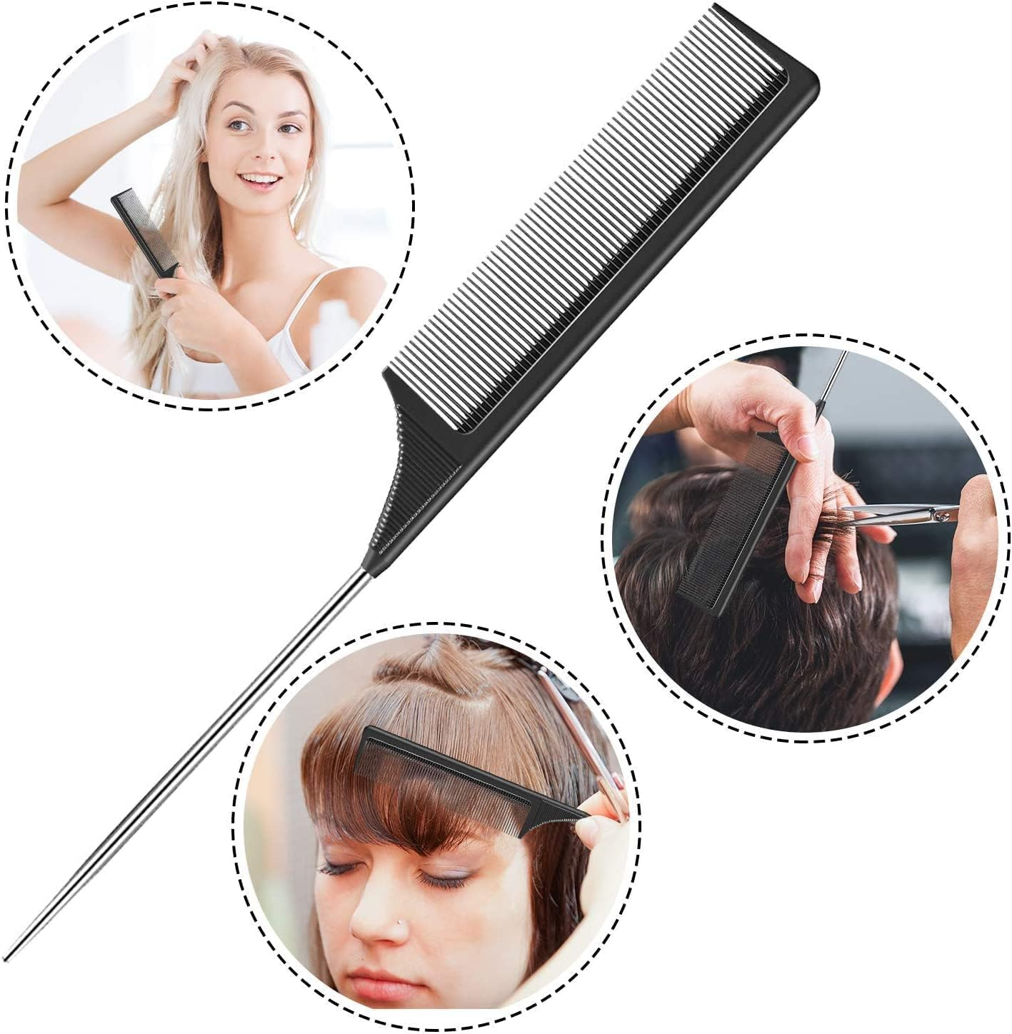 2 Pack Rat Tail Comb, Stainless Steel Pintail and Heat Resistant Carbon Fiber Teasing Parting Hair Comb for Women Girls