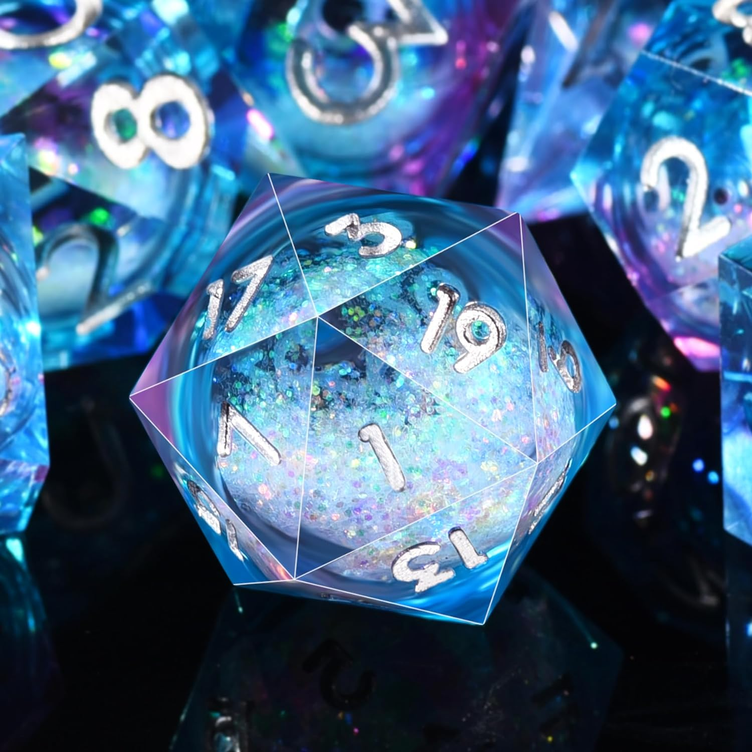 AUSTOR Liquid Core Resin DND Dice Sharp Edge Polyhedral Dice 7-Die DND Dice Set Quicksand Handmade Resin Dice for Dungeons and Dragons RPG MTG Table Games, Blue & Violet - Blue  Black image number 4