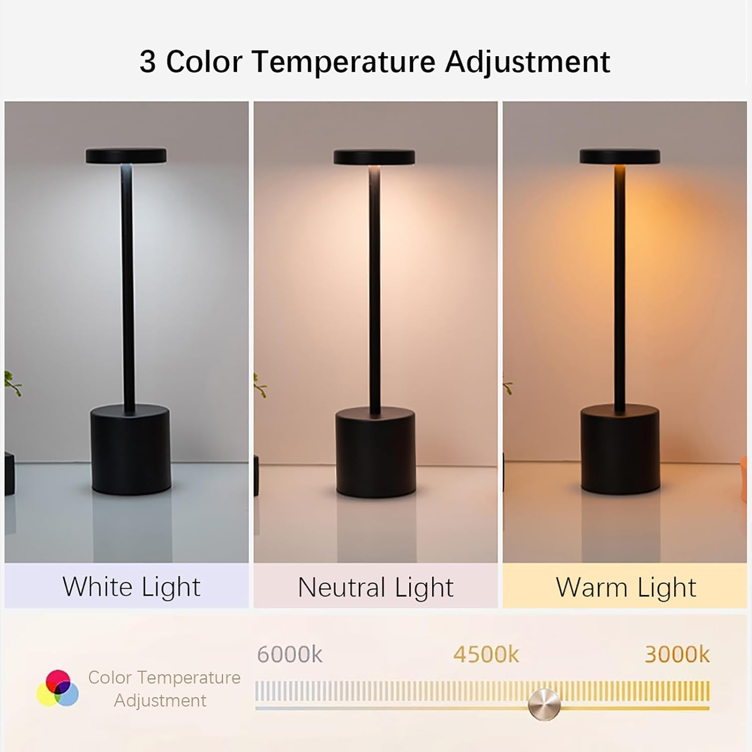 Shenzhi Tech LED Table Lamp, USB Rechargeable, Touch Control, 3-Colour Dimmable Night Light (Black) image number 6