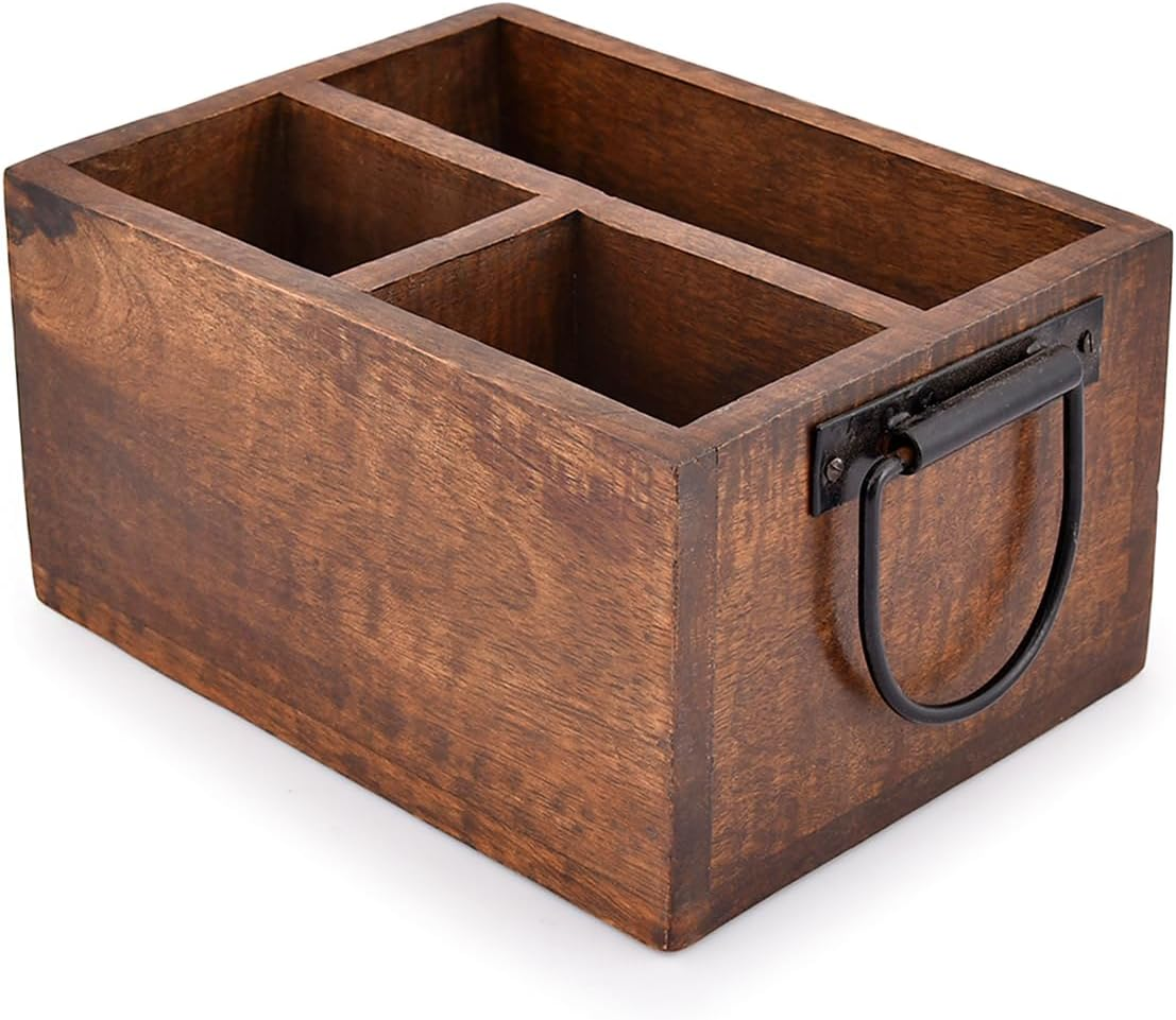 EDHAS 3 Compartment Flatware Caddy, Cutlery Utensil Holder with Metal Handles for Farmhouse Kitchen Decor and Countertop, Dining Table, Office Organizer (20.32Cm X 15.24Cm X 10.16Cm image number 2