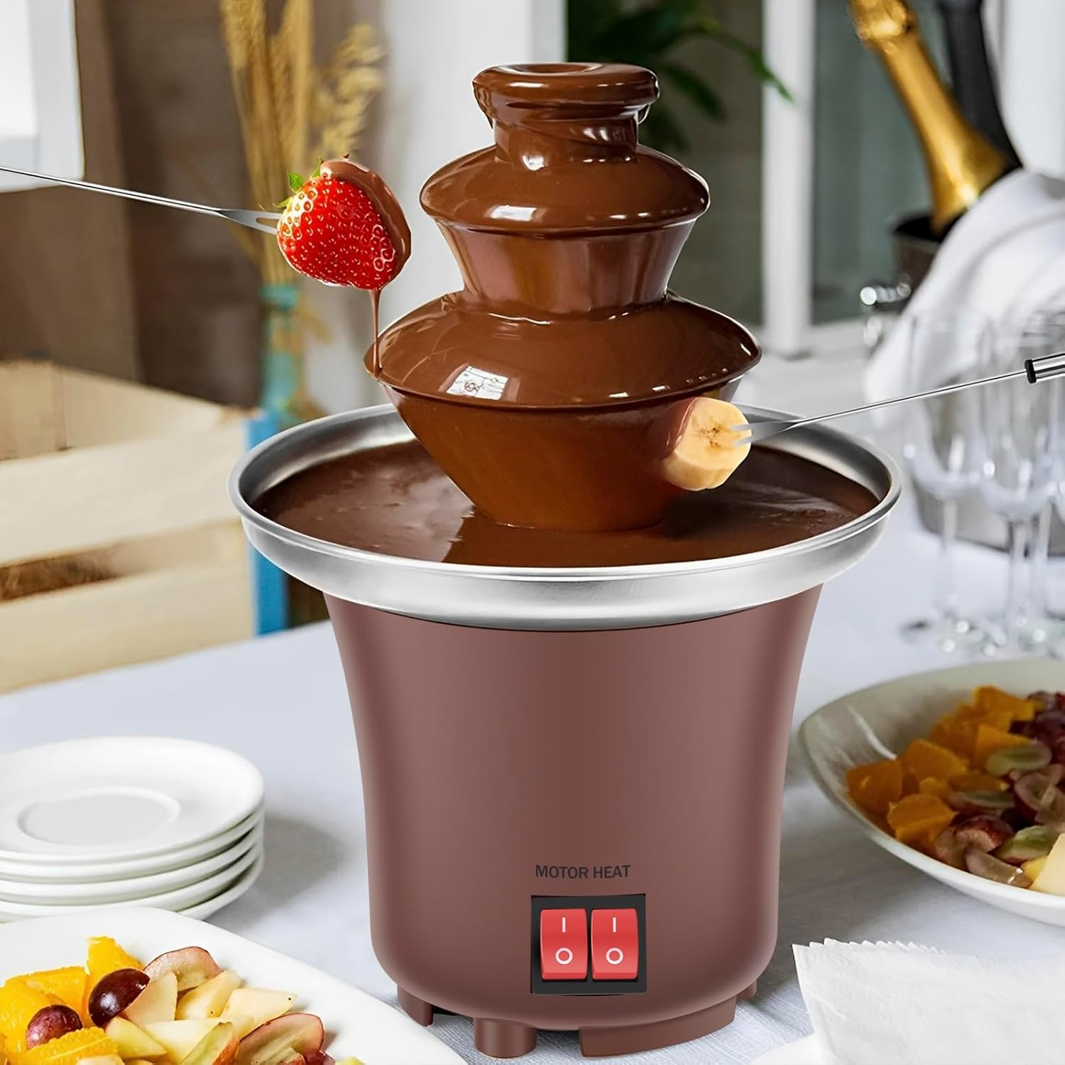 Electric Chocolate Fountain Machine，3 Layer Cheese Fountain Machine，Hold 10Oz Chocolate Fondue Fountain，Stainless Steel Cheese Fountain Melting Machine，Auto off Household Chocolate Fountain for Candy image number 2