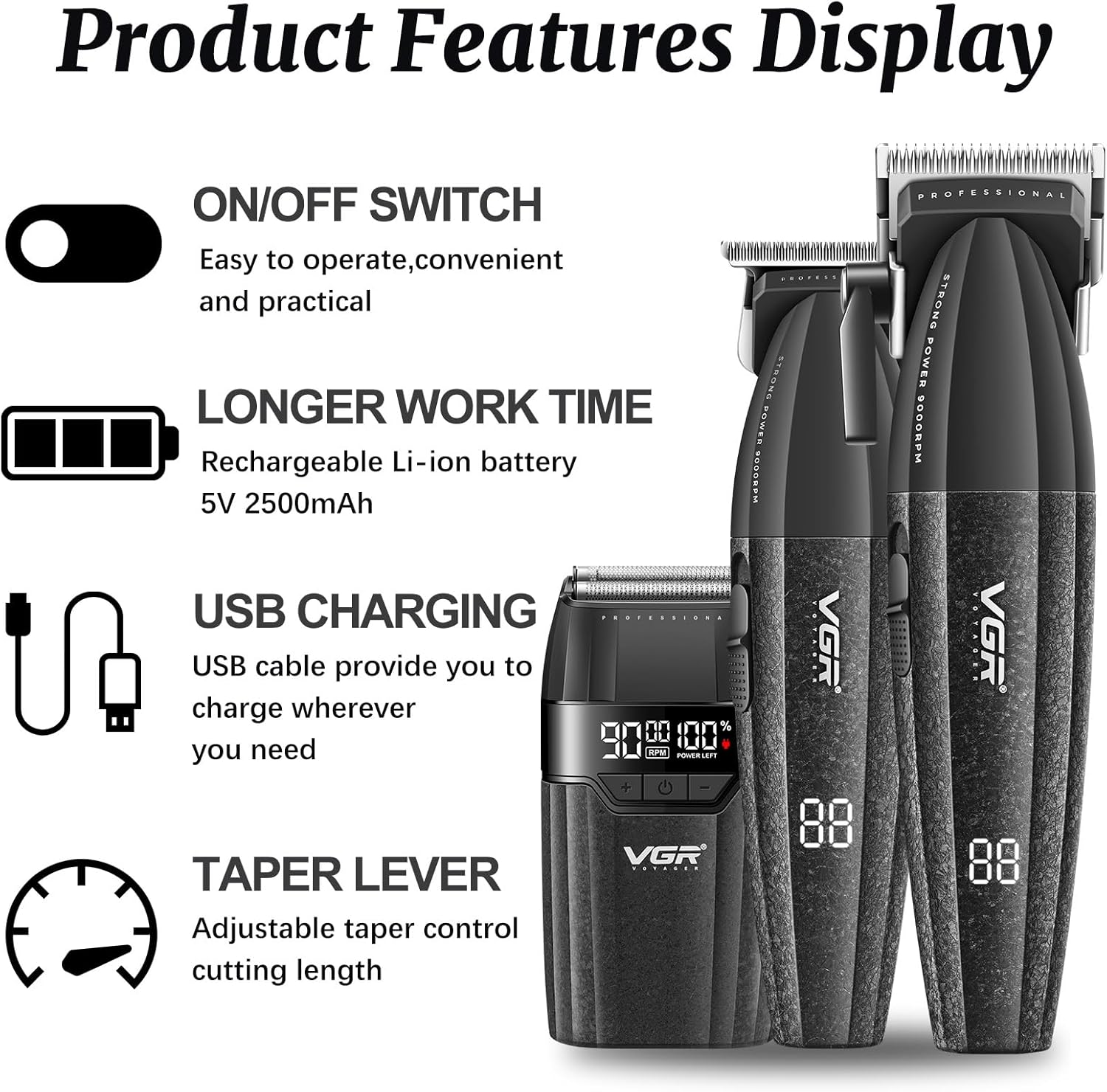 VGR 640S3 Professional 3 in 1 Hair Cutting Kit, 9000RPM Hair Clippers for Men Professional Hair Trimmer & Foil Shavers Set, Cordless Mens Barber Combo for Home, for Him(Black) image number 3