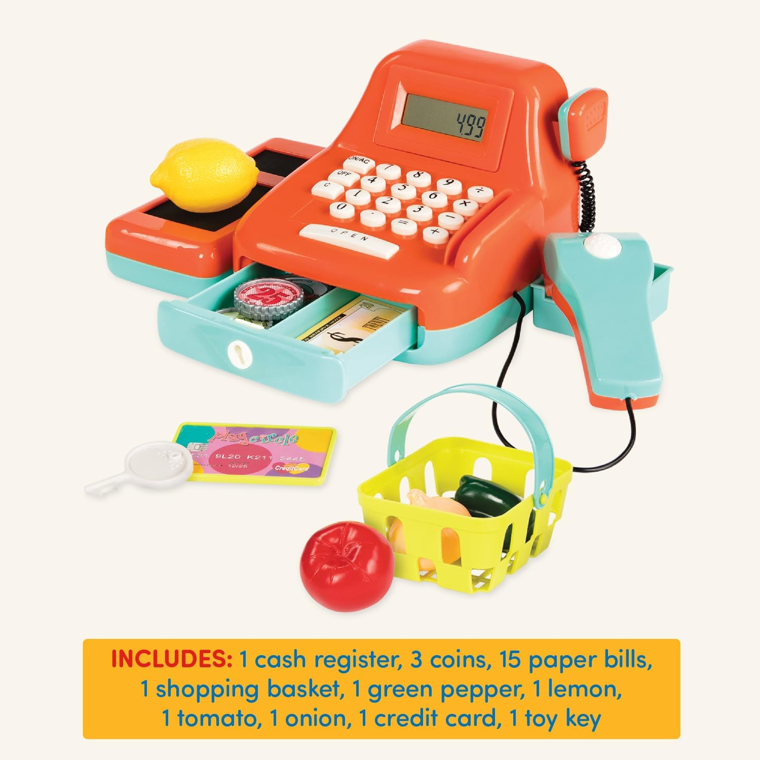 Battat Cash Register Toy Playset &Acirc;&euro;&ldquo; Pretend Play Kids Calculator Cash Register with Accessories for 3+ (26-Pieces),Orange image number 3