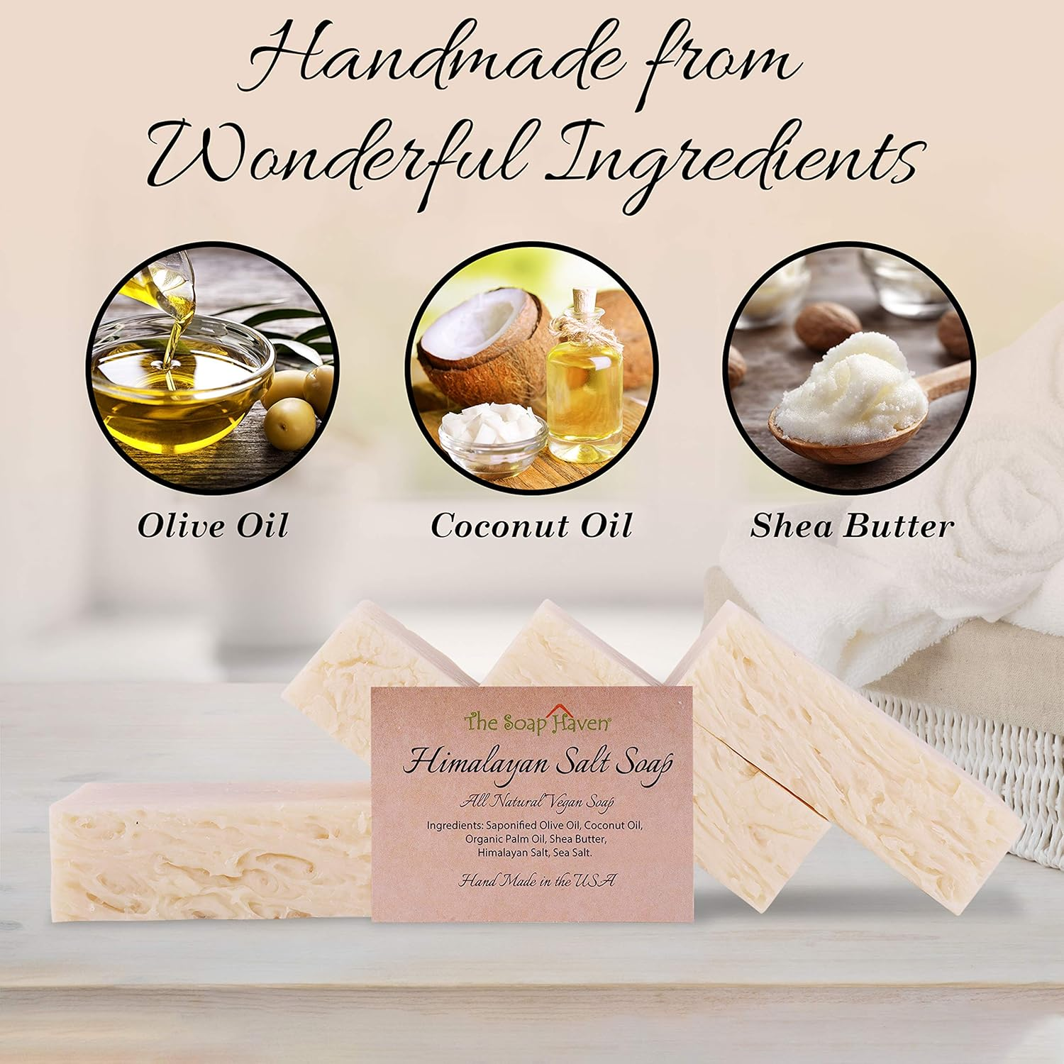 HIMALAYAN SALT SOAP BARS with Sea Salt & Shea Butter (4 Bars, 4.5Oz Each) - Handmade in USA with ALL NATURAL, NON-GMO, Unscented Ingredients. image number 1