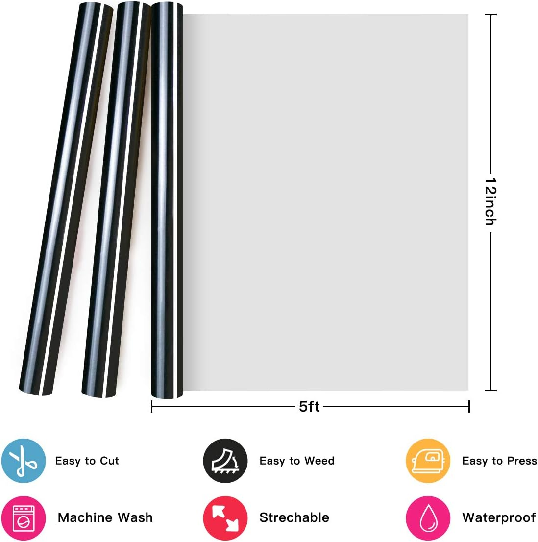 Heat Transfer Vinyl - 12" X 5Ft Black HTV Roll for Silhouette Cameo, T-Shirts & Bags - Easy to Weed & Cut for Heat Vinyl Clothing Design image number 6