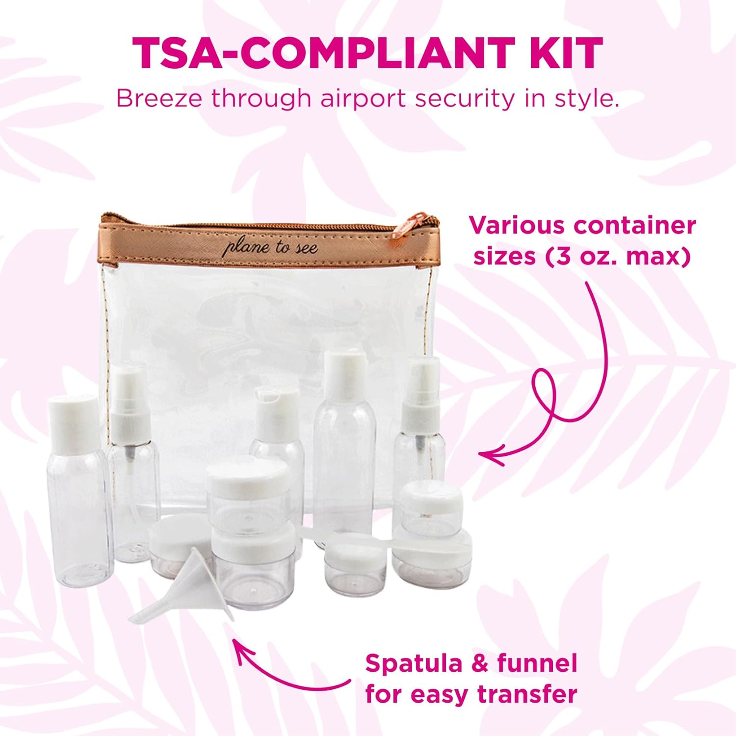 Miamica TSA Compliant Travel Bottles and Toiletry Bag Kit, 15 Piece, Rose Gold, Clear/Rose Gold, One Size, Miamica TSA Compliant Travel Bottles and Toiletry Bag Kit, 15 Piece, Rose Gold image number 3