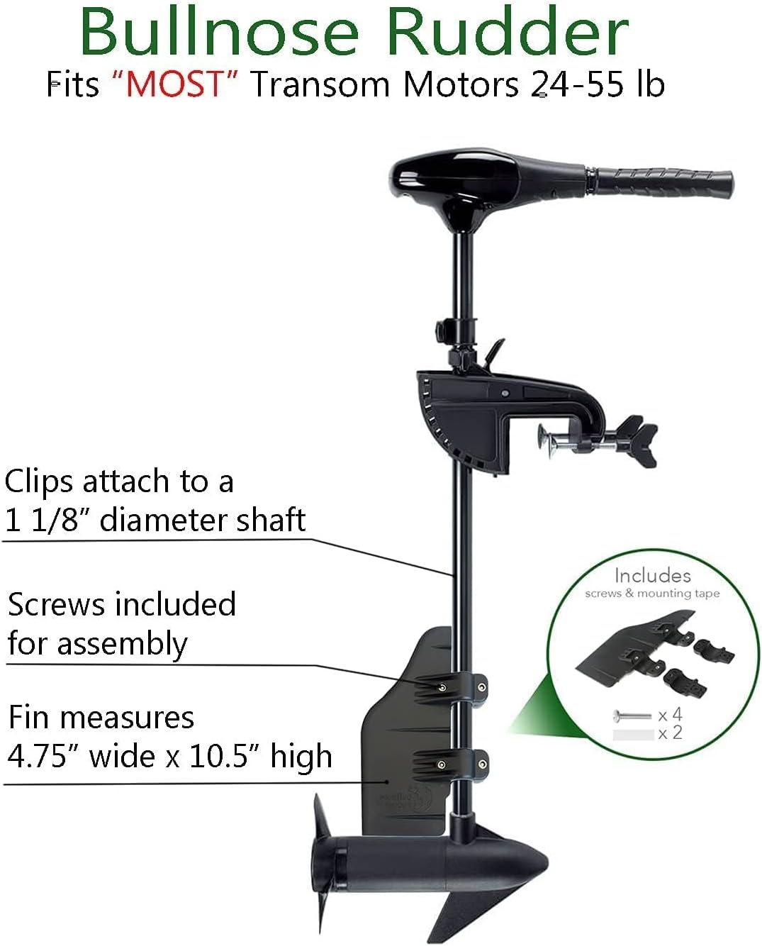 Bullnose Rudder Clamp on Boat Rudder Fits a 1.125" Transom Trolling Motor Shaft. Commonly Used For, Inflatable Pontoon, Pelican Bass Raider 10E, Fishing Kayak, Canoe, Jon Boat, Etc. USA Manufactured image number 2